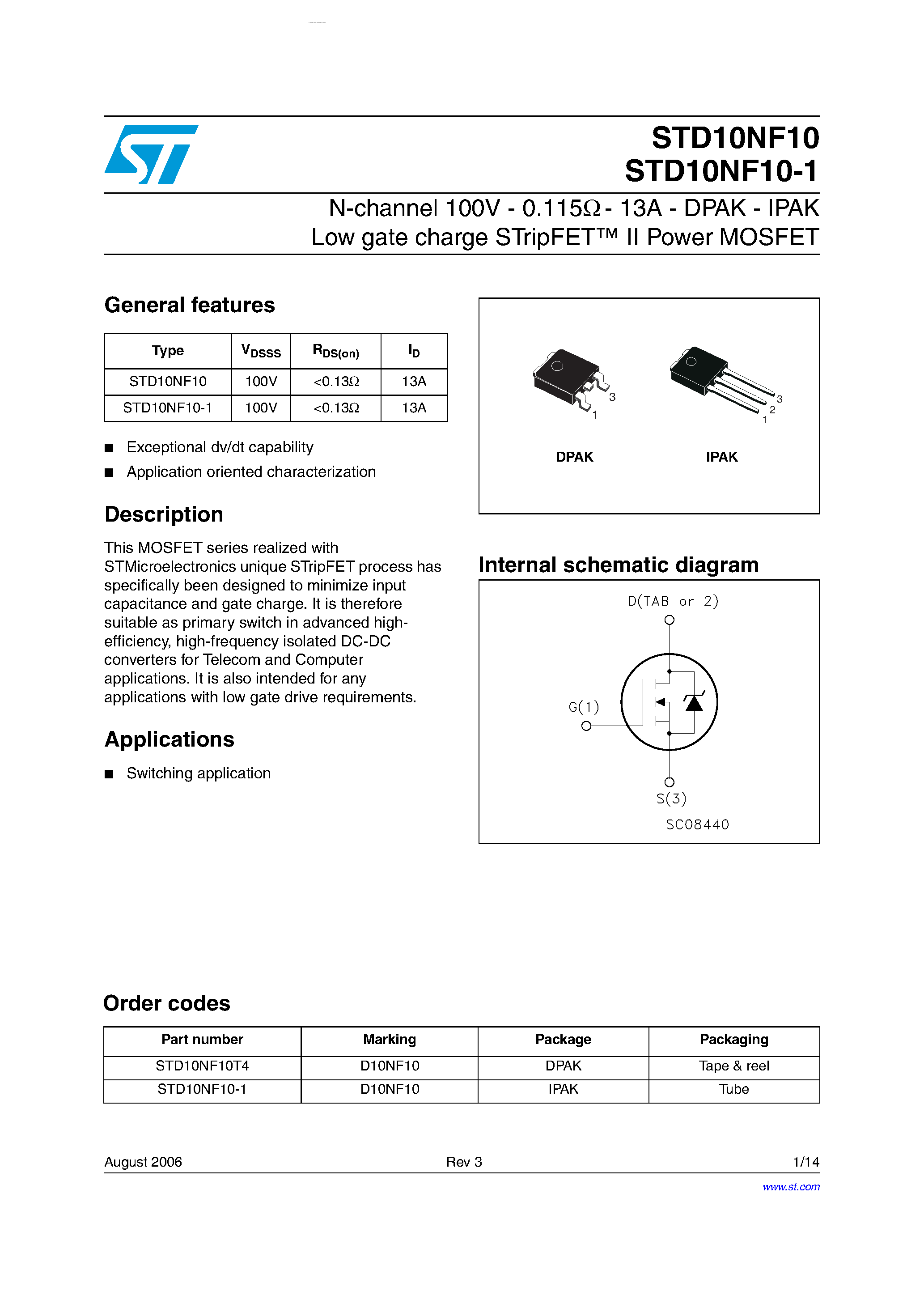 Даташит на микросхему STD10NF10-1 страница 1 Даташит STD10NF10-1 - N-CHANNEL POWER MOSFET страница 1