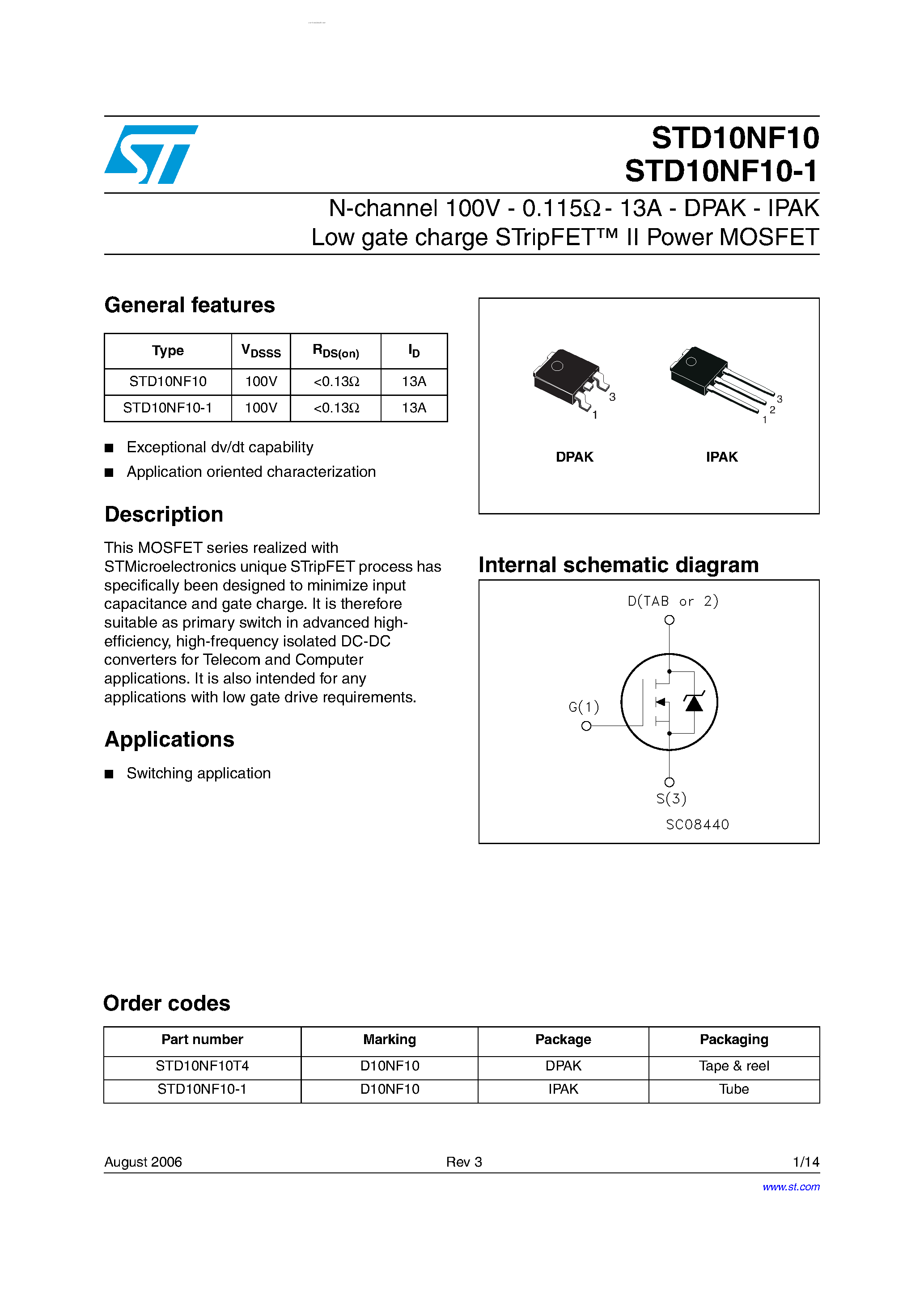 Даташит STD10NF10-1 - N-CHANNEL POWER MOSFET страница 1