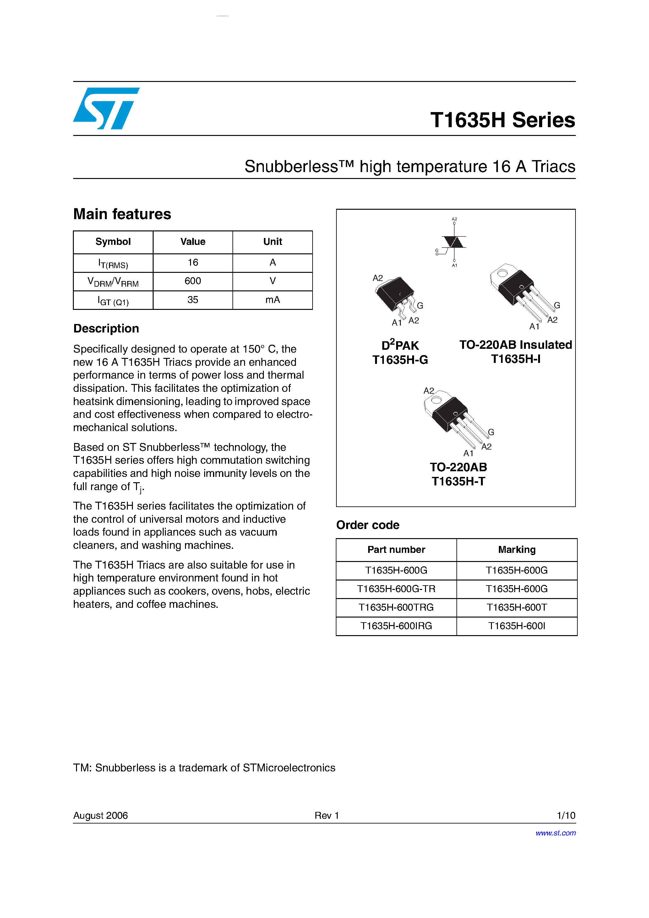 Datasheet T1635H - high temperature 16A Triacs page 1
