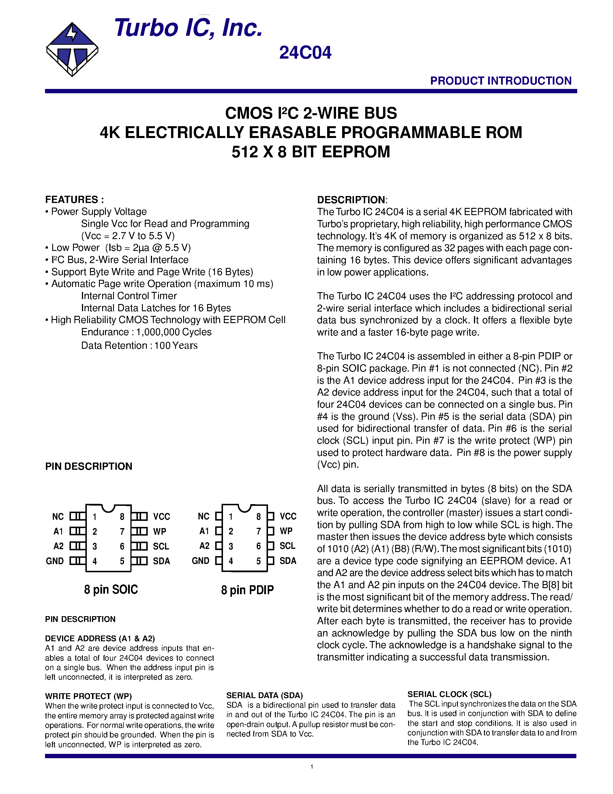 Datasheet 24C04 - ELECTRICALLY ERASABLE PROGRAMMABLE ROM 512 X 8 BIT EEPROM page 1