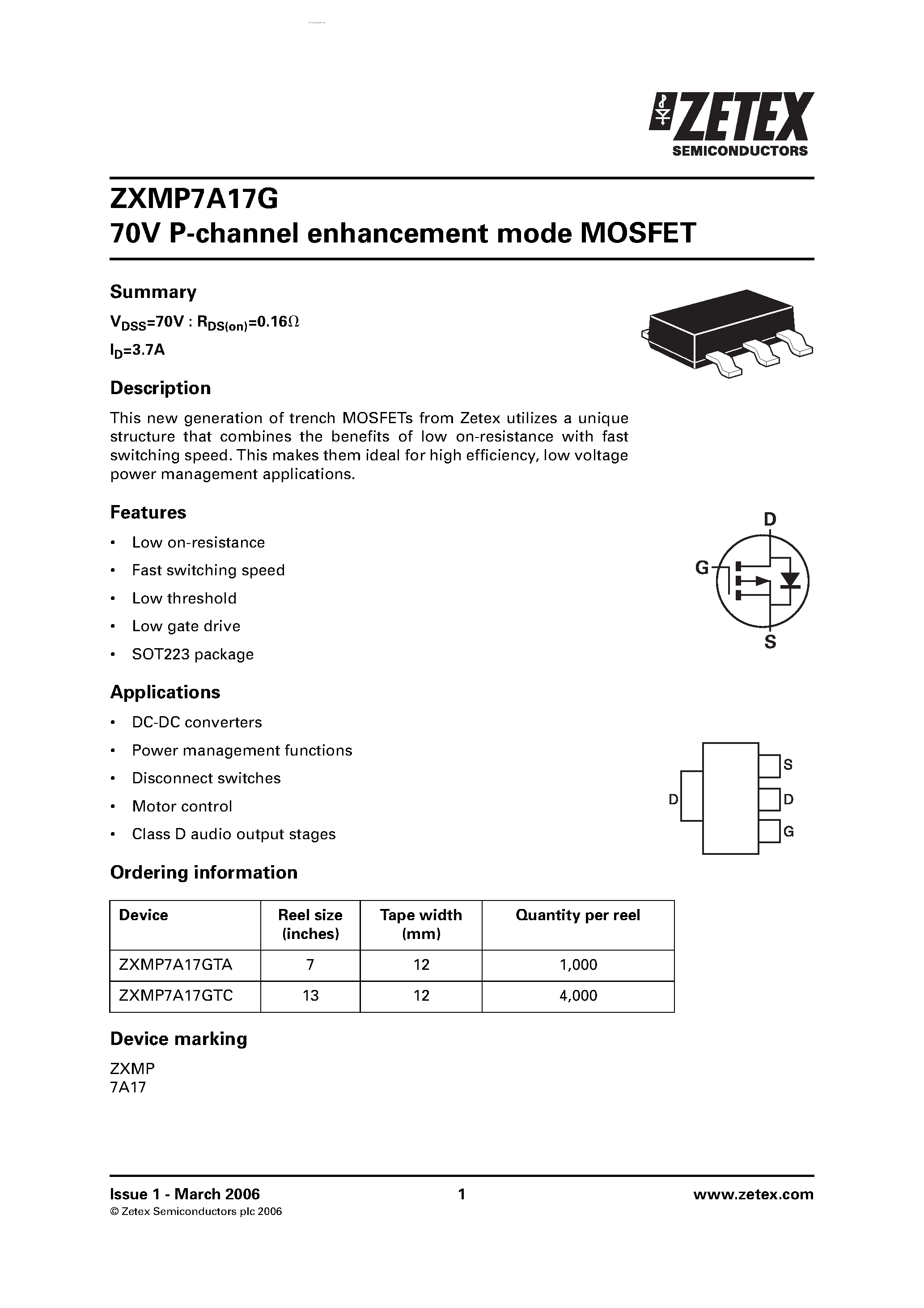 Даташит на микросхему ZXMP7A17G страница 1 Даташит ZXMP7A17G - P-channel enhancement mode MOSFET страница 1