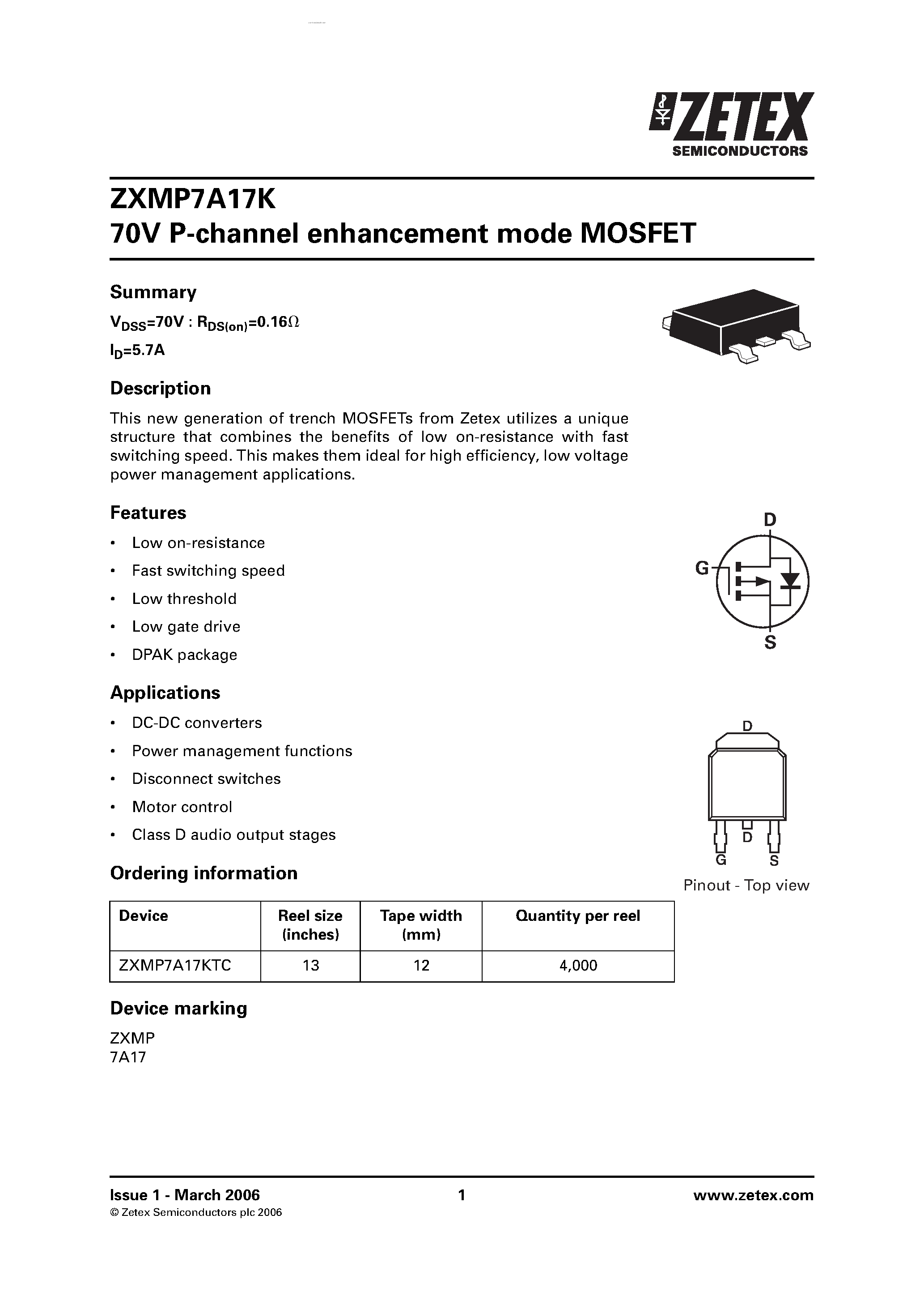 Даташит на микросхему ZXMP7A17K страница 1 Даташит ZXMP7A17K - P-channel enhancement mode MOSFET страница 1