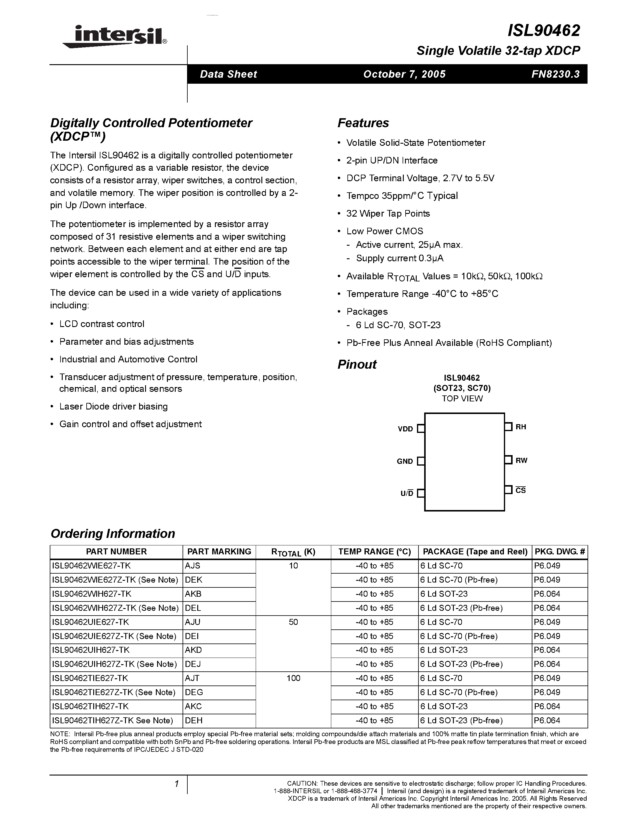 Datasheet ISL90462 page 1 Datasheet ISL90462 - Digitally Controlled Potentiometer page 1