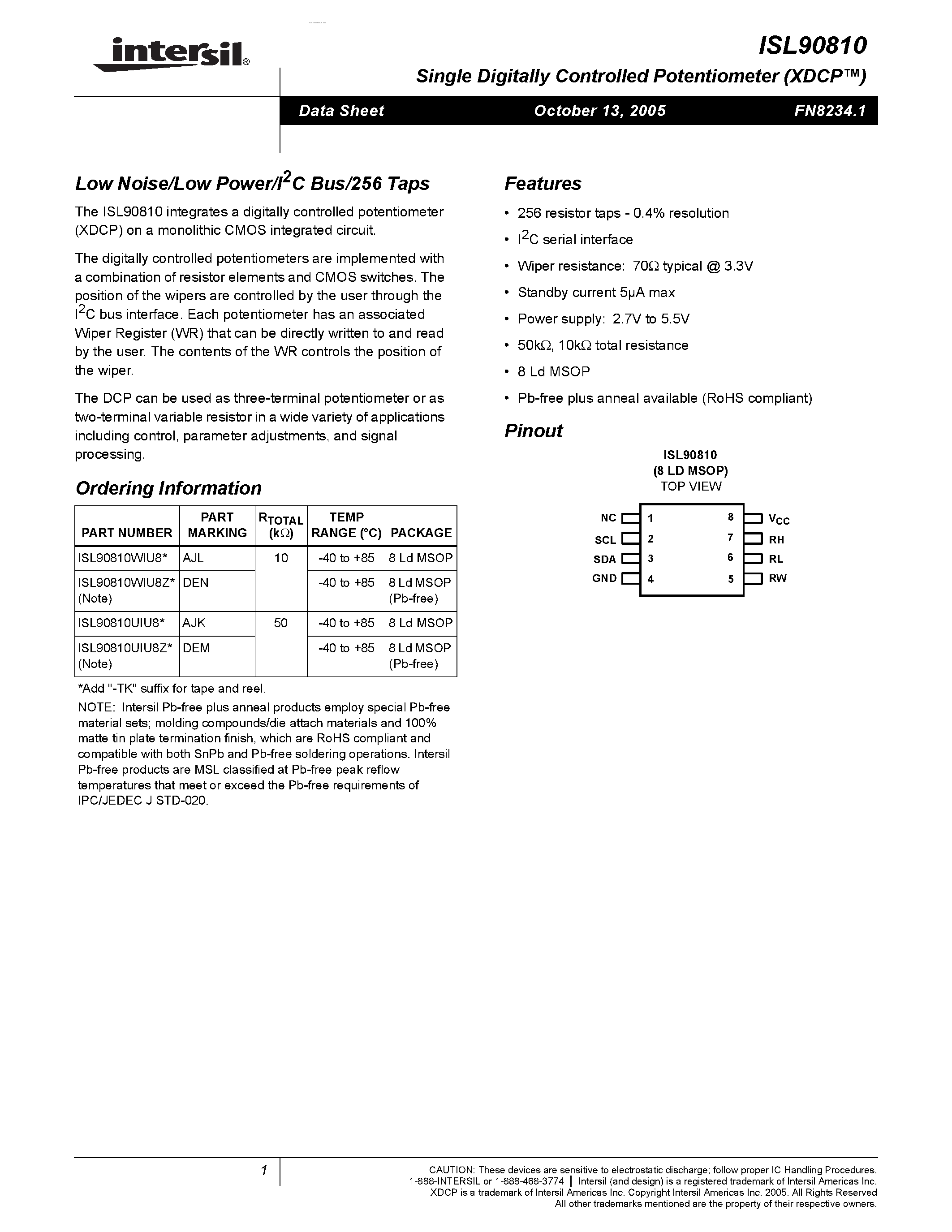 Datasheet ISL90810 page 1 Datasheet ISL90810 - Low Noise/Low Power/I2C Bus/256 Taps page 1