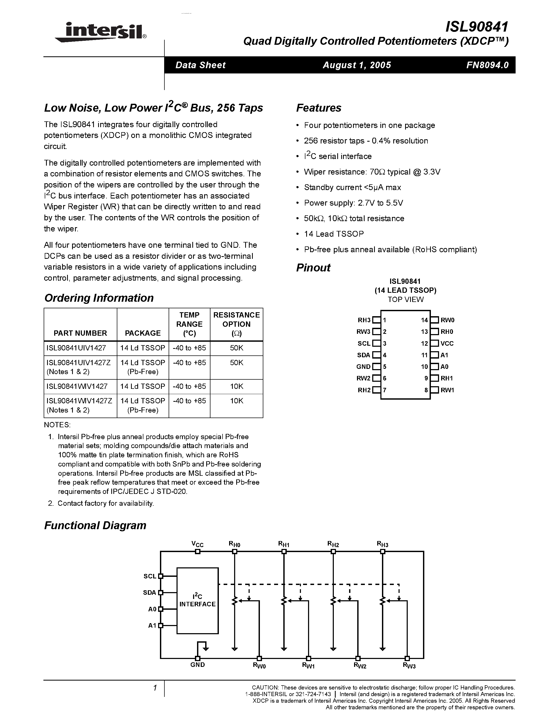 Datasheet ISL90841 page 1 Datasheet ISL90841 - Low Noise/Low Power/I2C Bus/256 Taps page 1