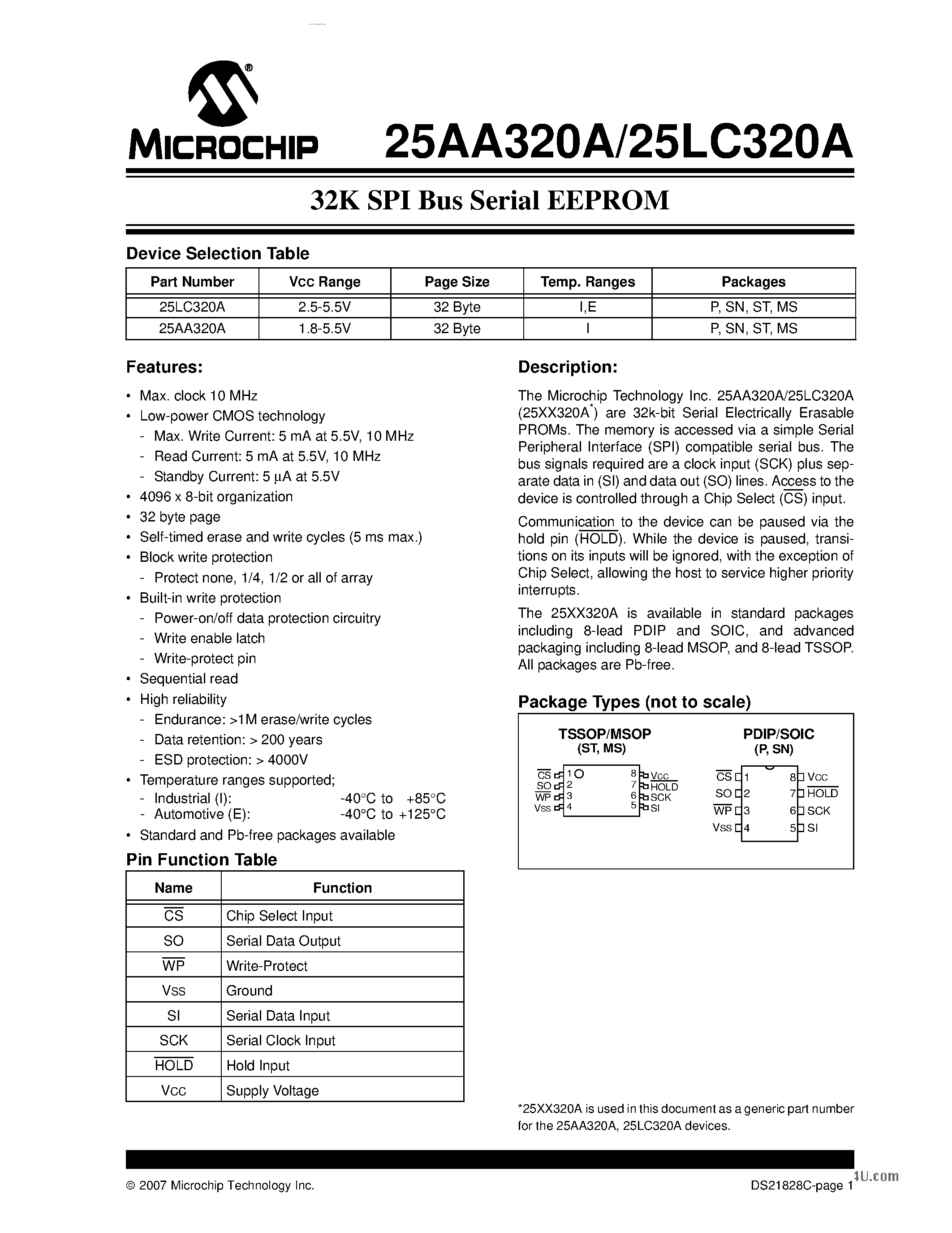 Datasheet 25AA320A - 32K SPI Bus Serial EEPROM page 1
