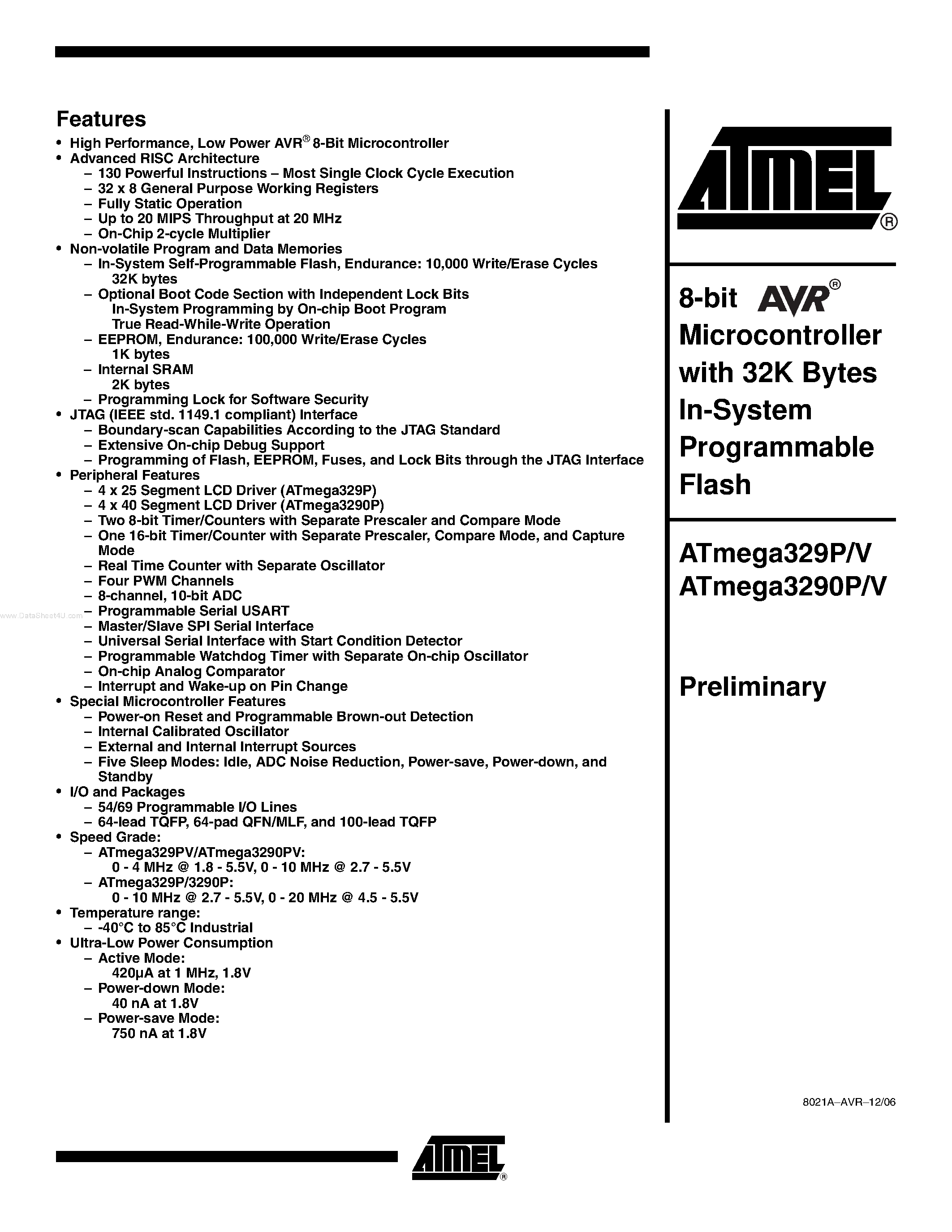 Даташит ATMEGA3290P - 8-bit Microcontroller страница 1