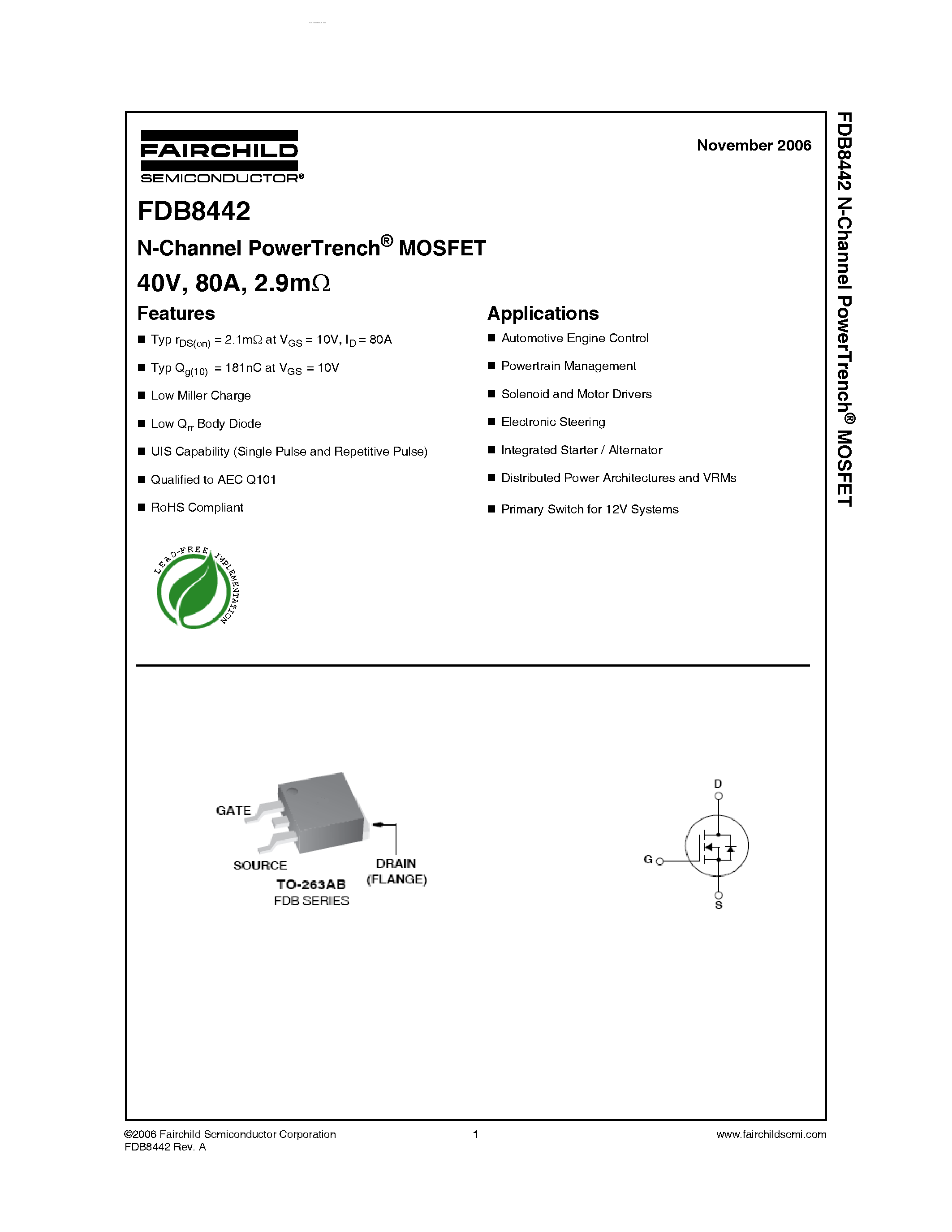 Datasheet FDB8442 - N-Channel PowerTrench MOSFET page 1