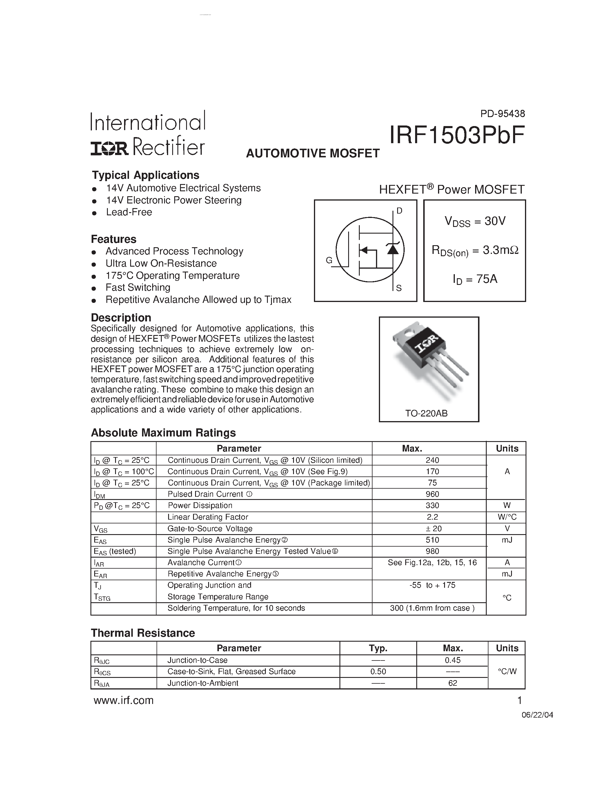 Datasheet IRF1503PBF - AUTOMOTIVE MOSFET page 1