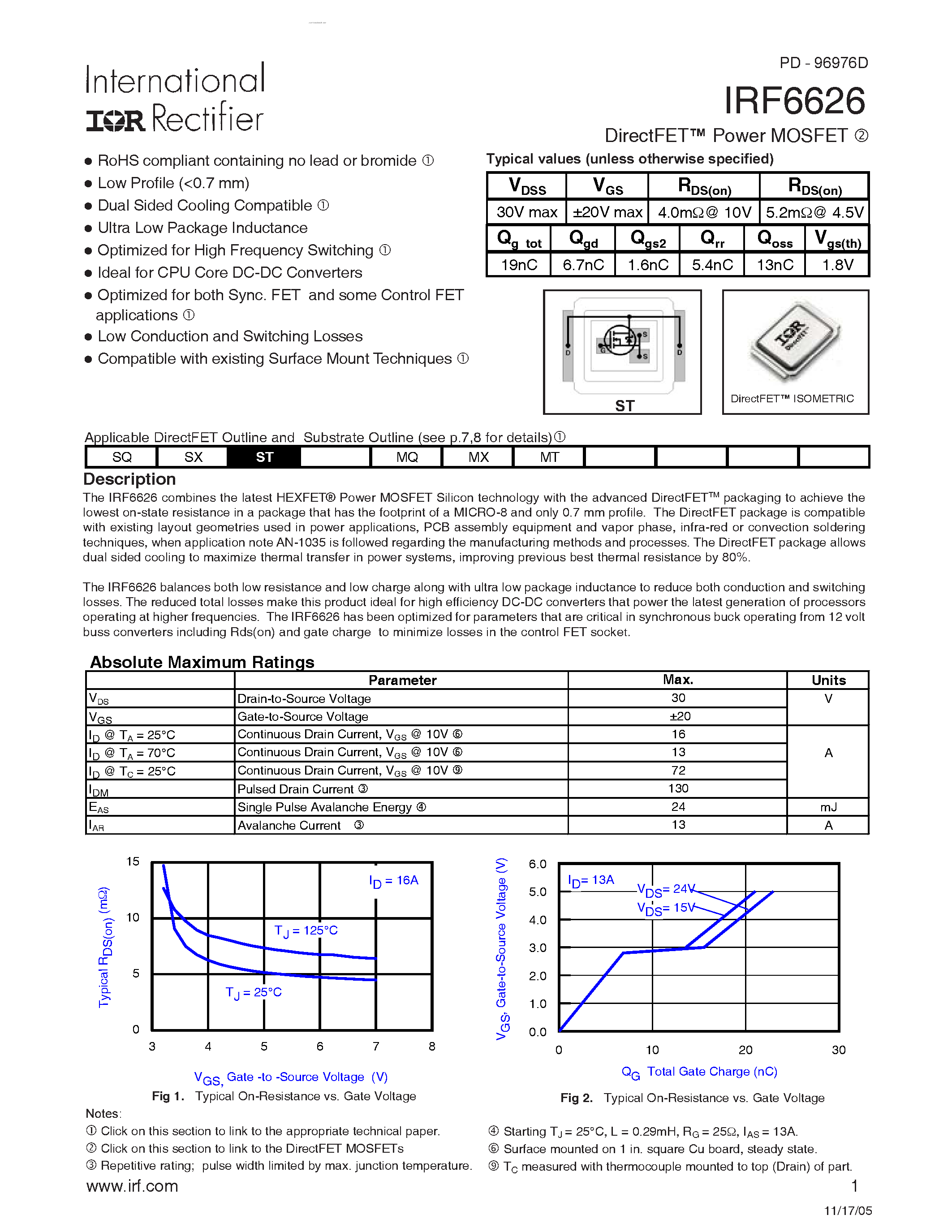 Datasheet IRF6626 - DirectFET TM Power MOSFET page 1