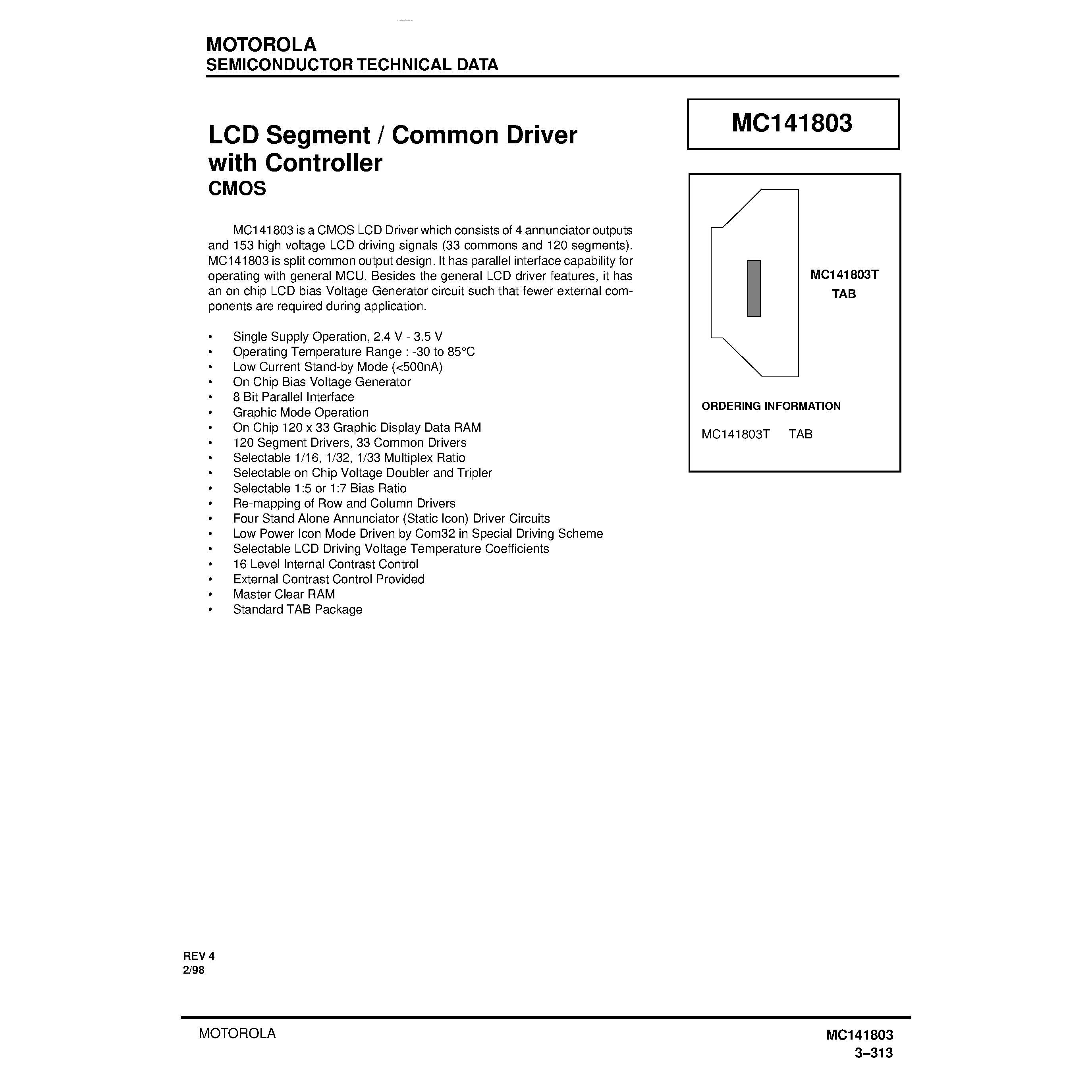 Даташит MC141803 - LCD Segment / Common Driver страница 1