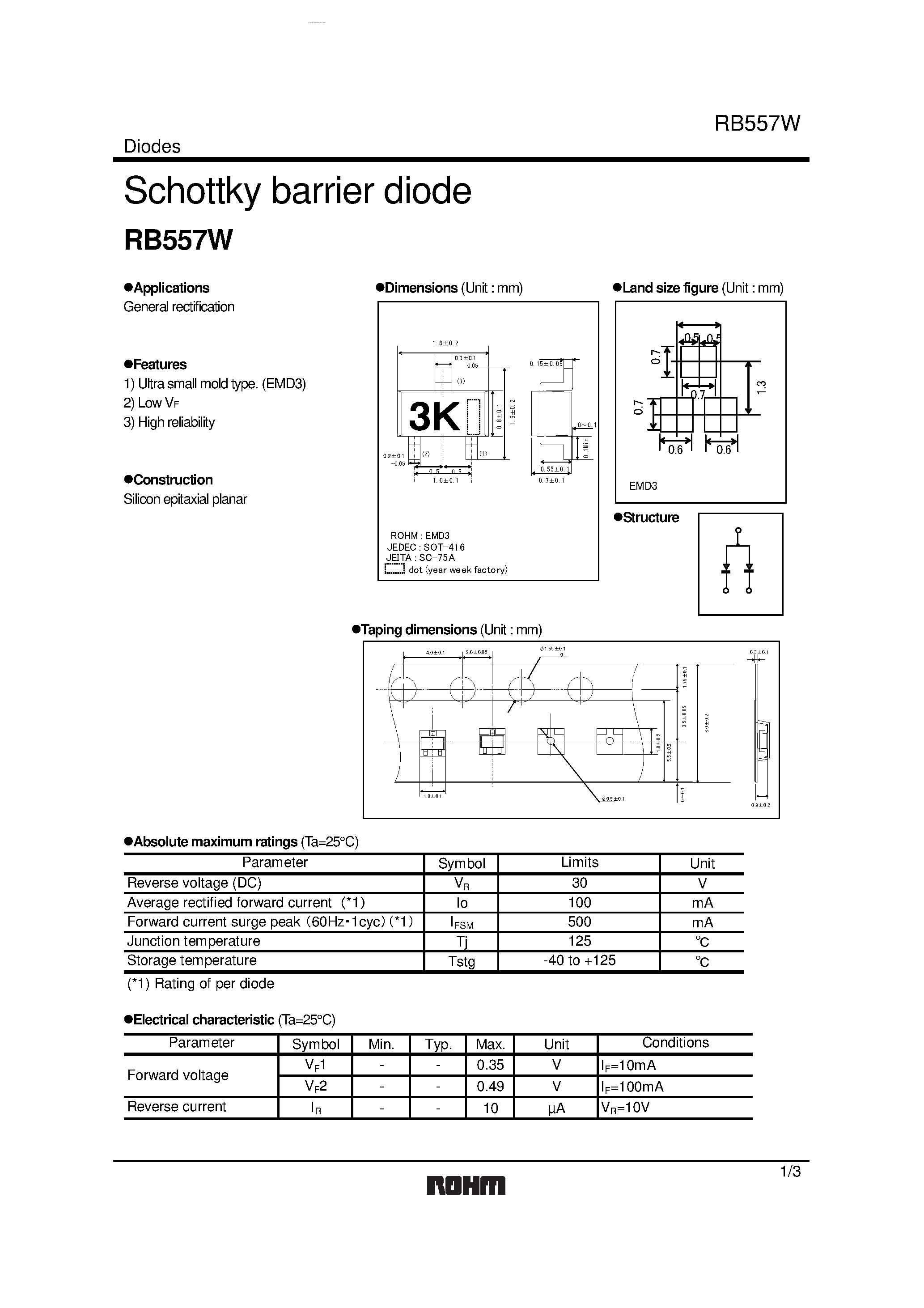 Datasheet RB557W - Schottky barrier diode page 1