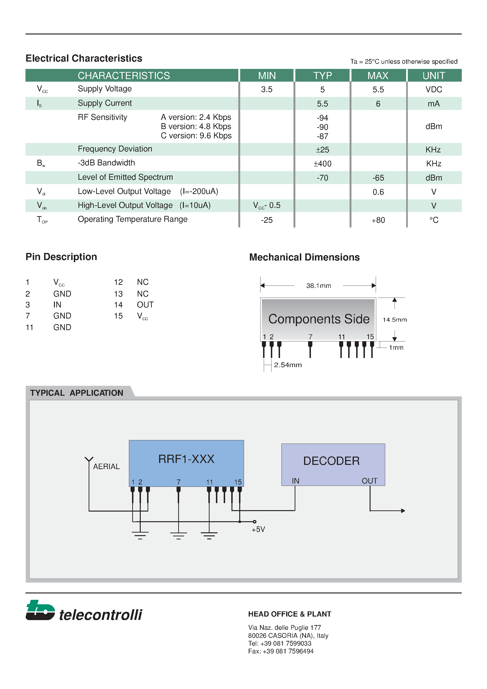 Datasheet RRF1-xxx-Y - FSK Superhet Receiver page 2