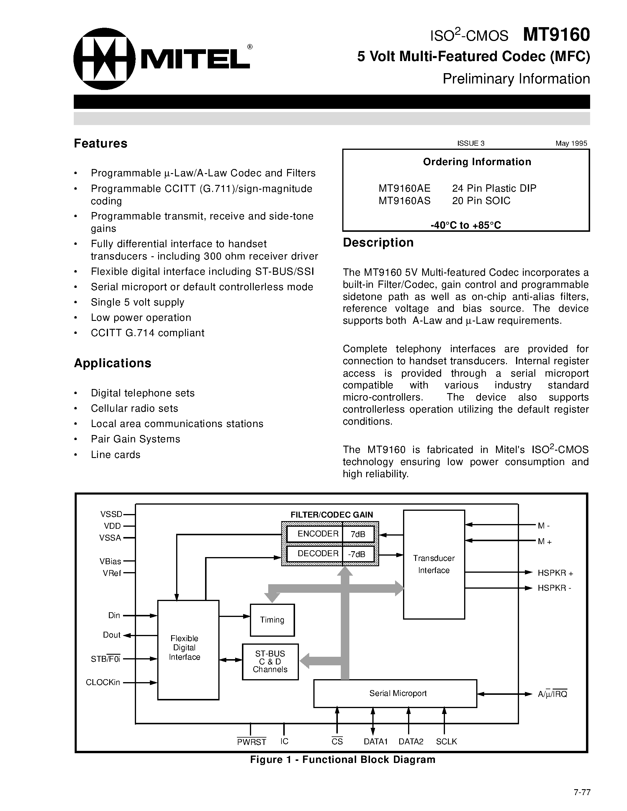 Datasheet MT9160 - ISO2-CMOS 5 Volt Multi-Featured Codec page 1