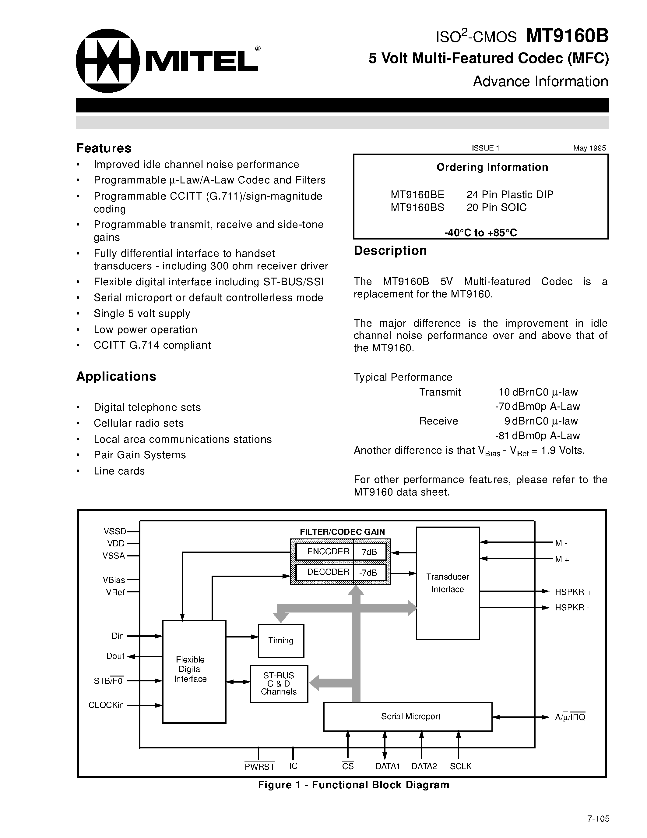 Datasheet MT9160B - ISO2-CMOS 5 Volt Multi-Featured Codec page 1
