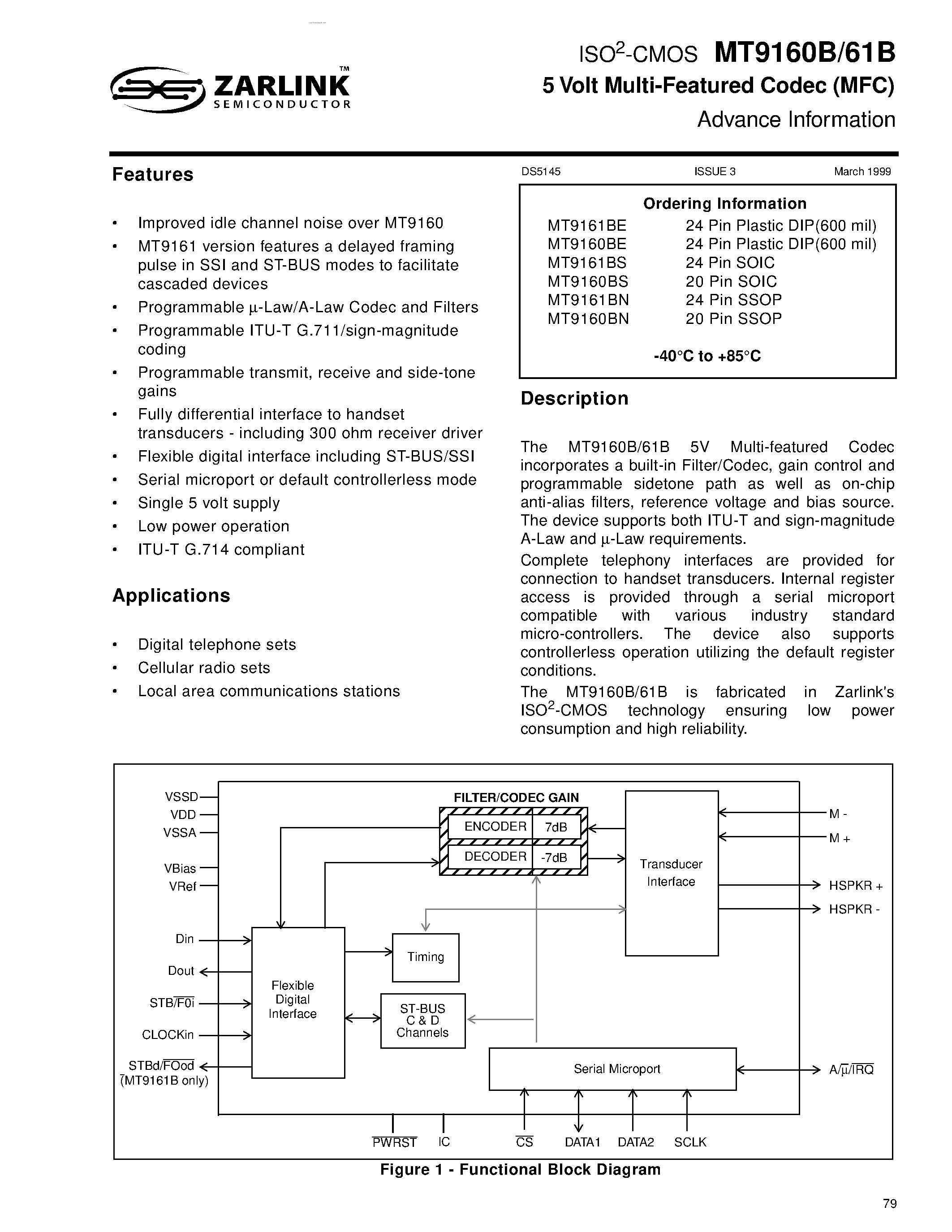 Datasheet MT9160B - (MT9160B / MT9161B) 5 Volt Multi-Featured Codec page 1