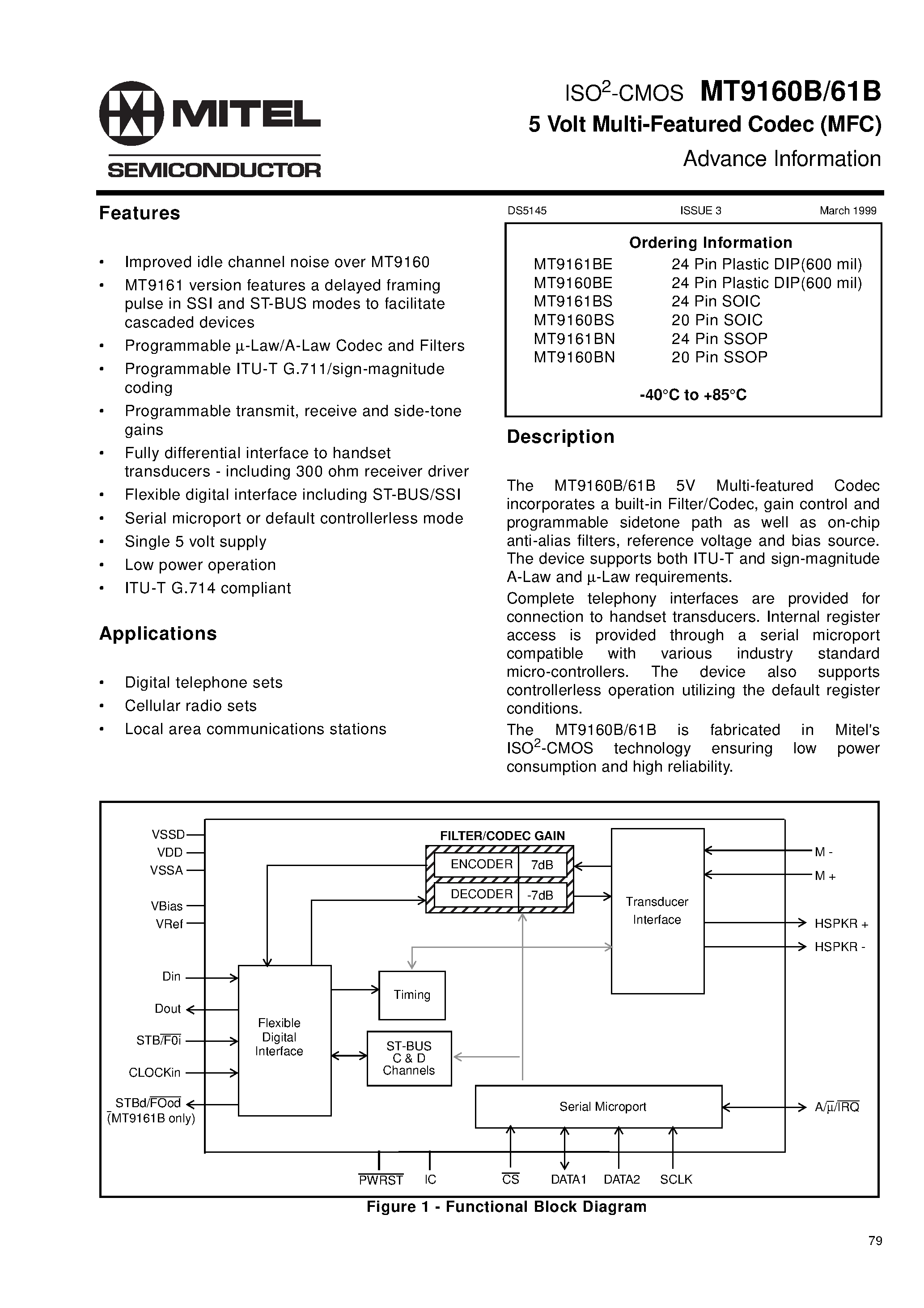 Datasheet MT9161B - ISO2-CMOS 5 Volt Multi-Featured Codec page 1