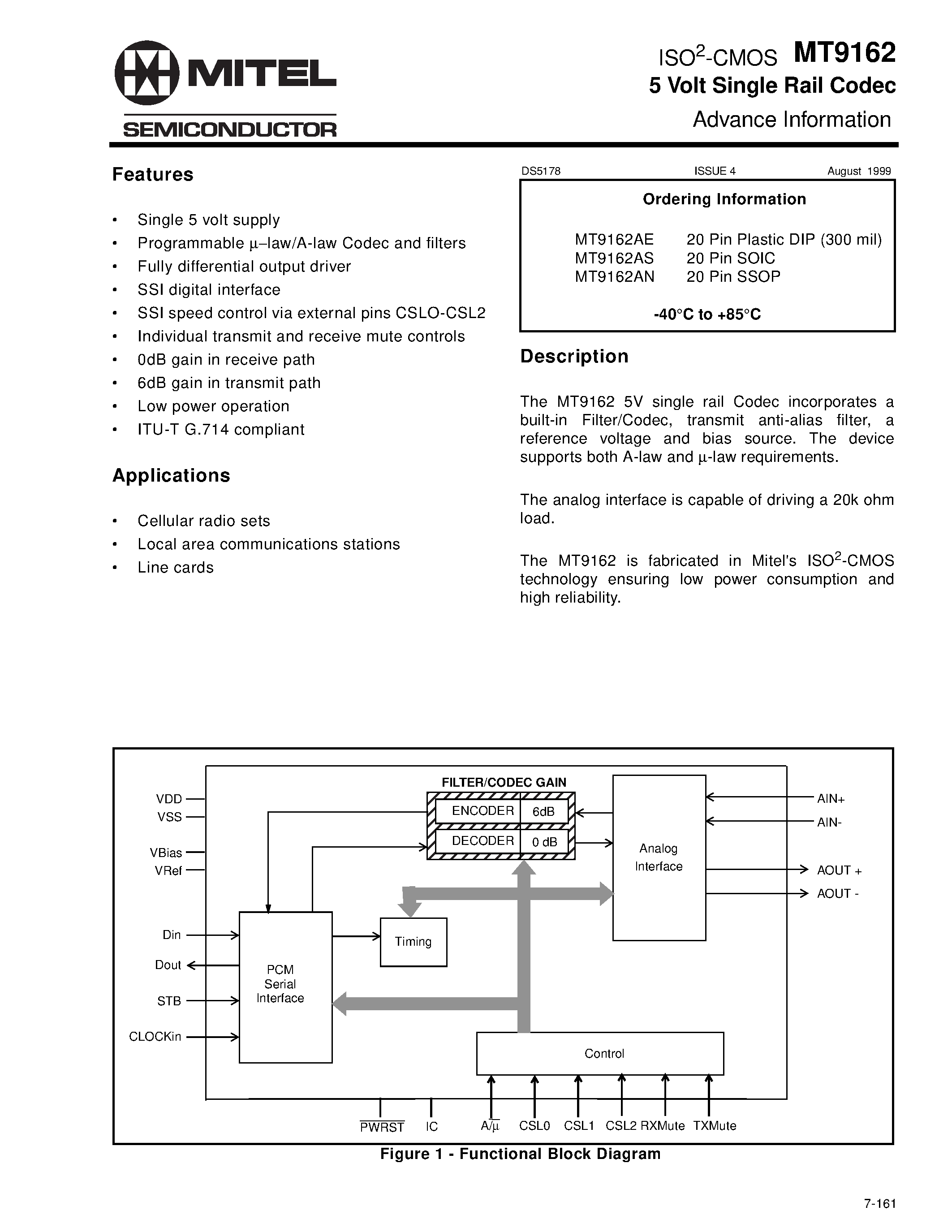 Datasheet MT9162 - ISO2-CMOS 5 Volt Single Rail Codec page 1