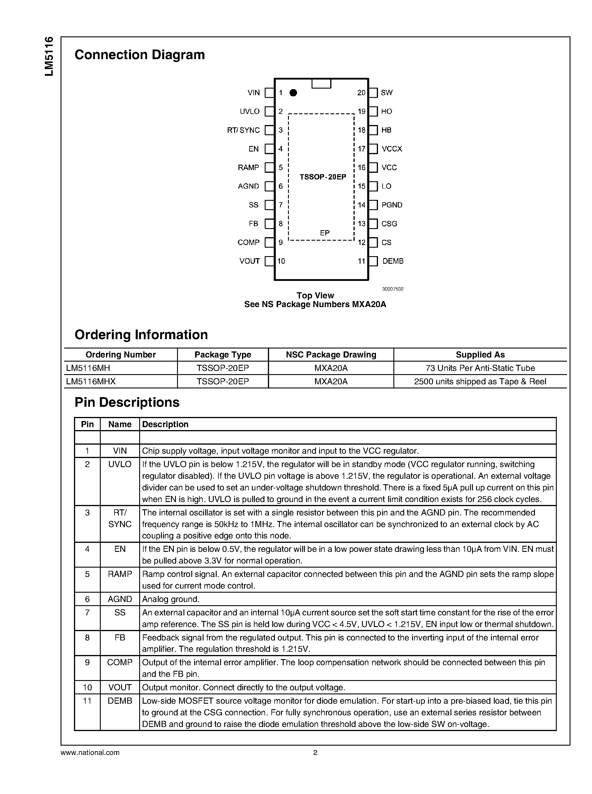 Datasheet LM5116 page 2 Datasheet LM5116 - Wide Range Synchronous Buck Controller page 2