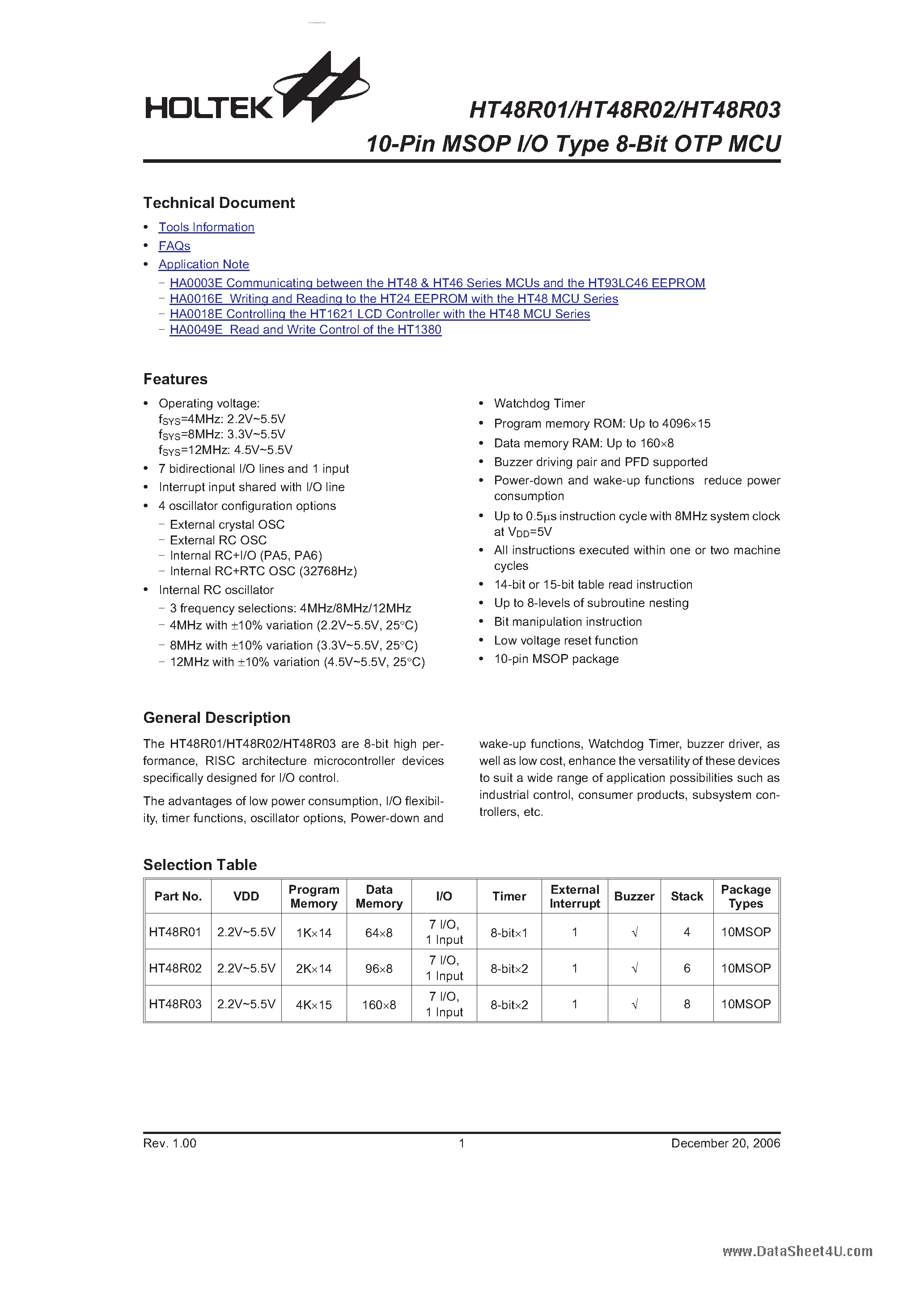 Datasheet HT48R01 - (HT48R01 - HT48R03) 10-Pin MSOP I/O Type 8-Bit OTP MCU page 1