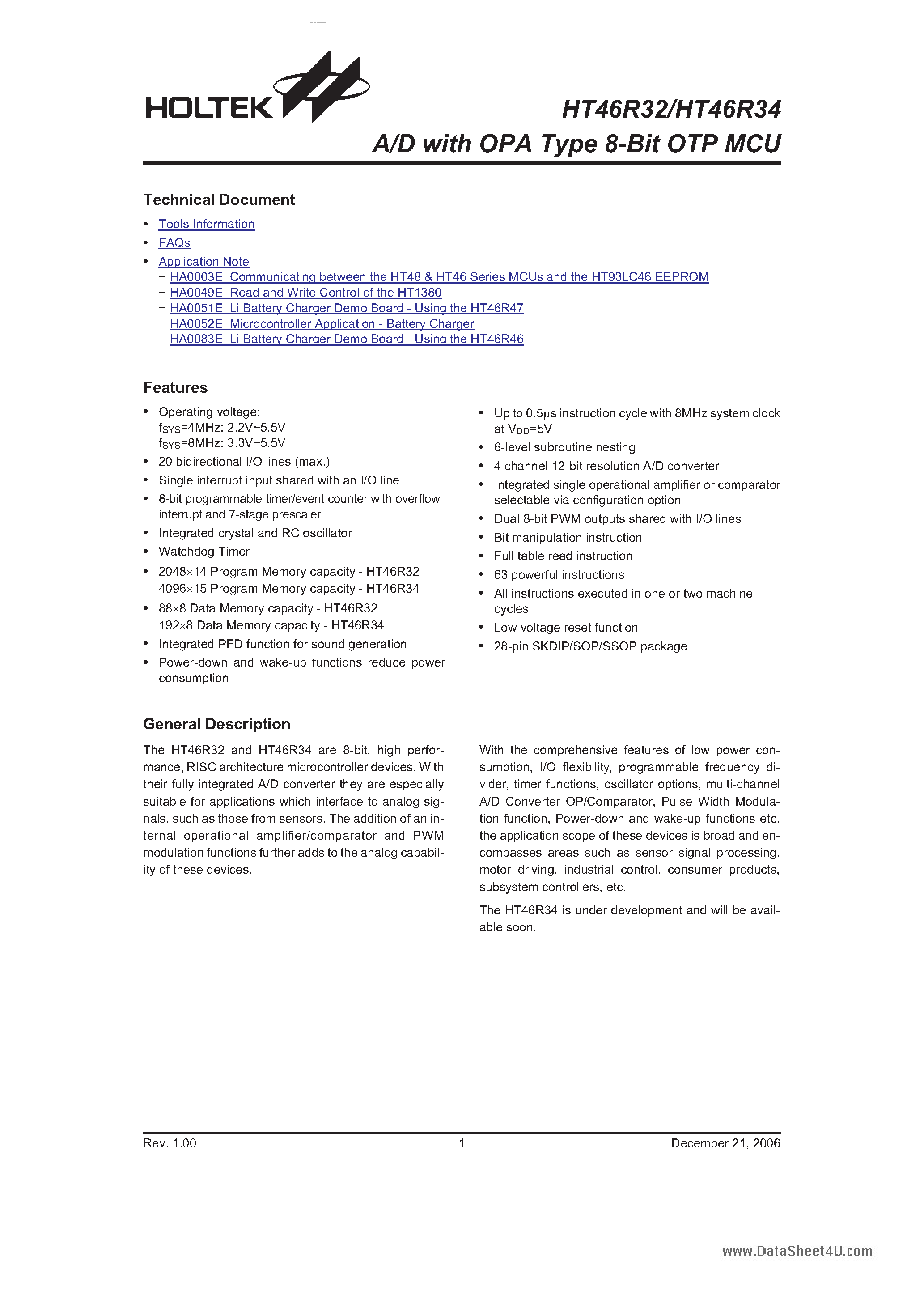 Даташит на микросхему HT46R32 страница 1 Даташит HT46R32 - (HT46R32 / HT46R34) A/D страница 1