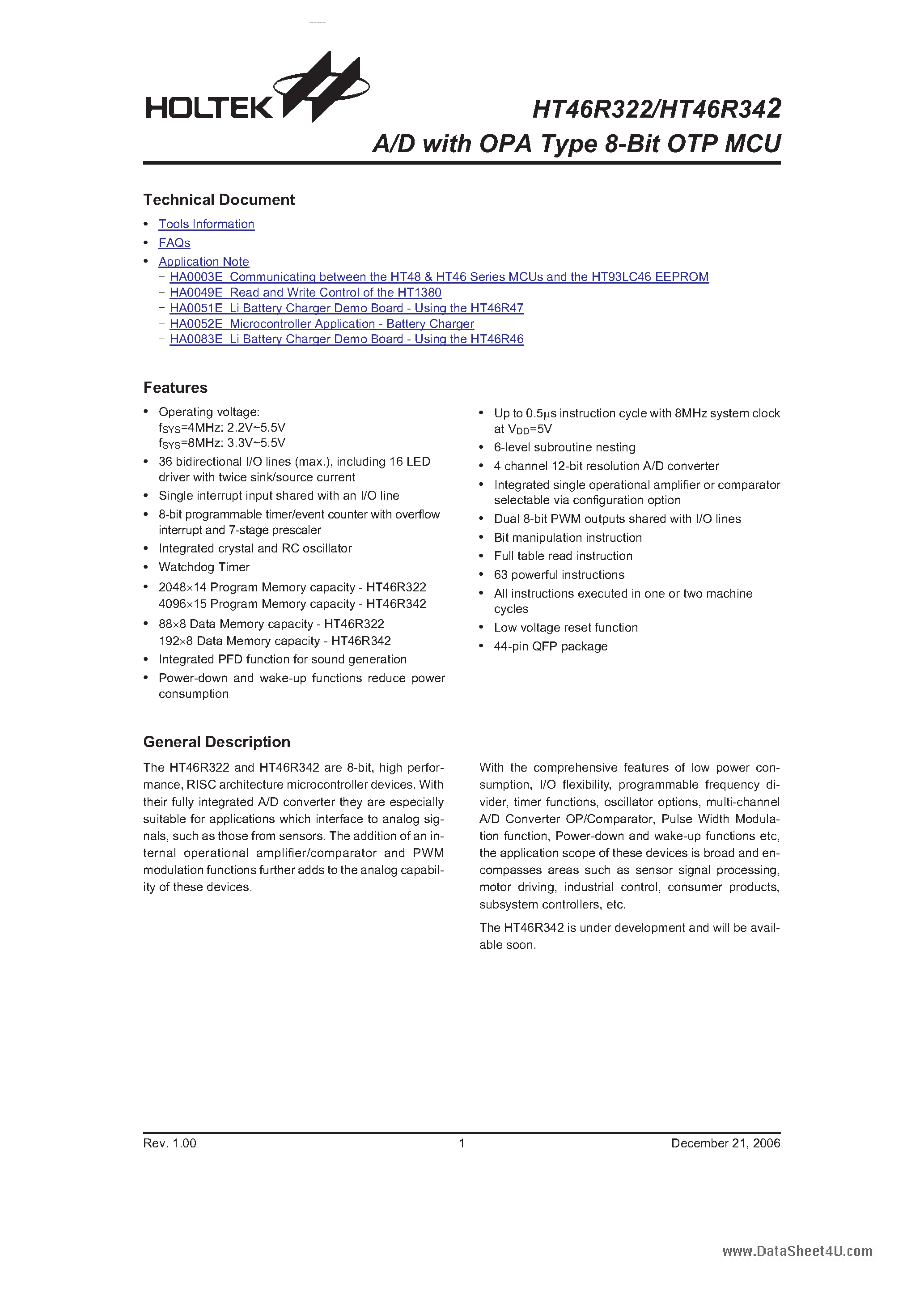 Даташит на микросхему HT46R322 страница 1 Даташит HT46R322 - (HT46R322 / HT46R342) A/D страница 1