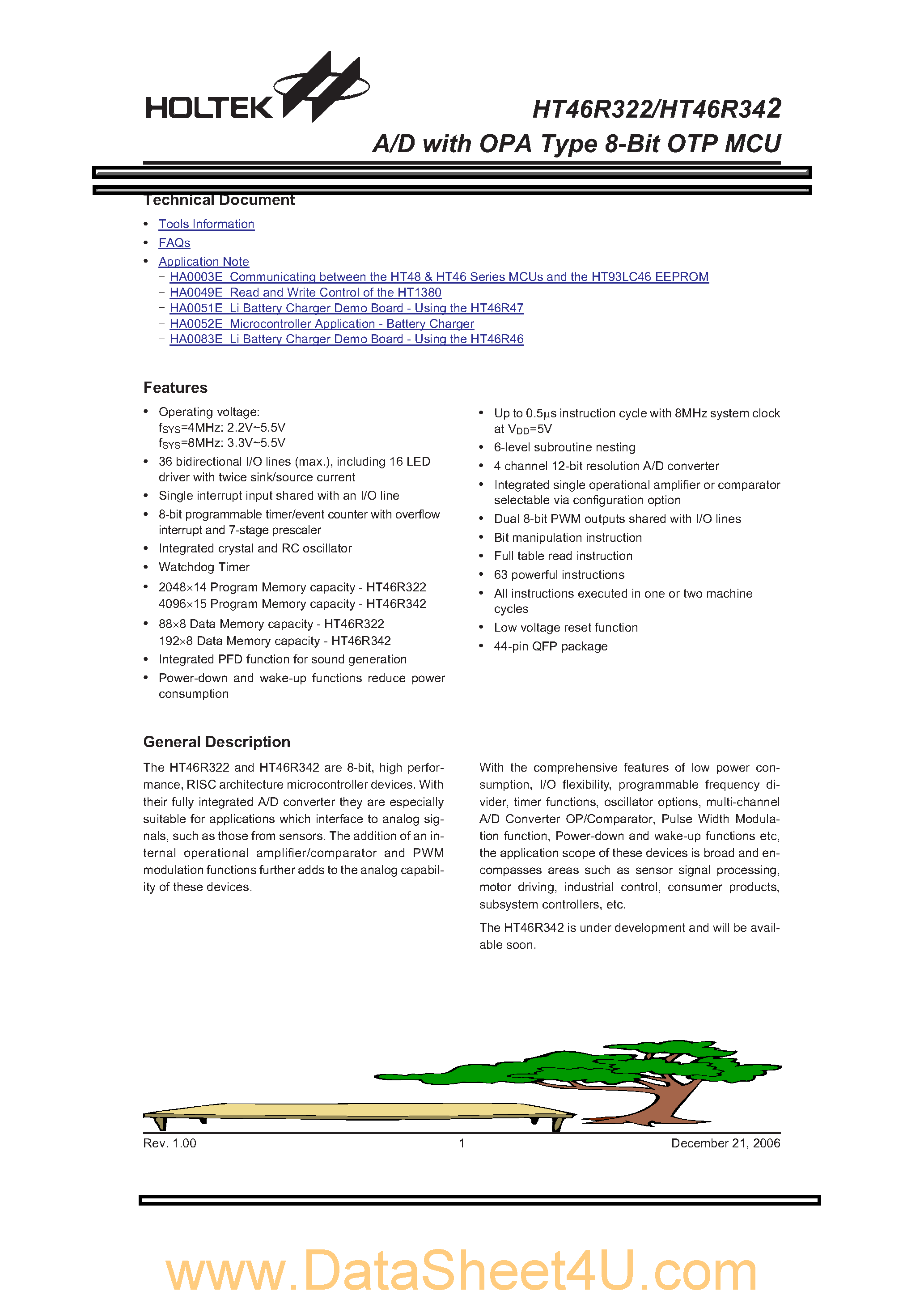 Даташит HT46R322 - (HT46R322 / HT46R342) A/D with OPA Type 8-Bit OTP MCU страница 1