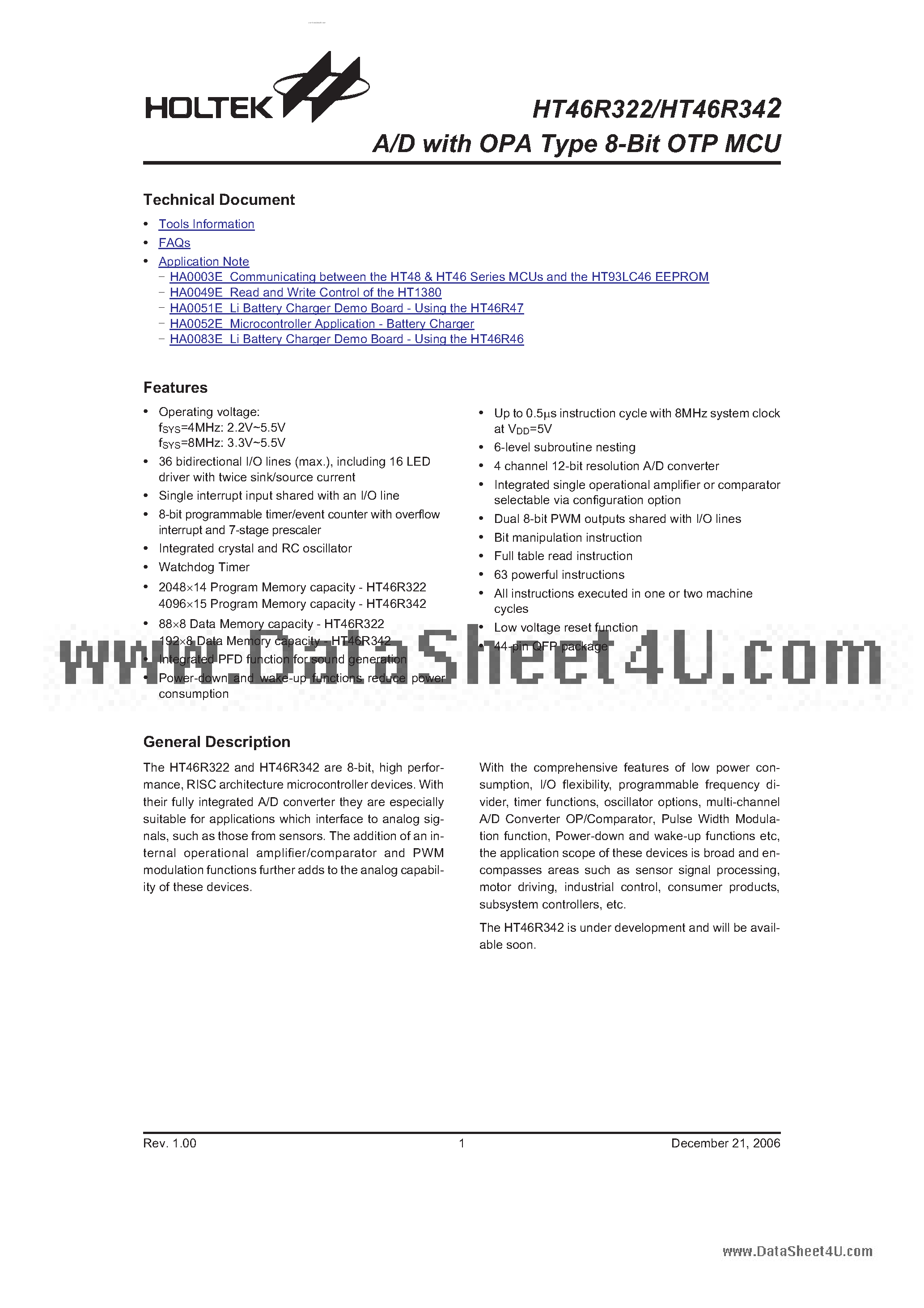 Даташит HT46R322 - (HT46R322 / HT46R342) (REAL) A/D with OPA Type 8-Bit OTP MCU страница 2