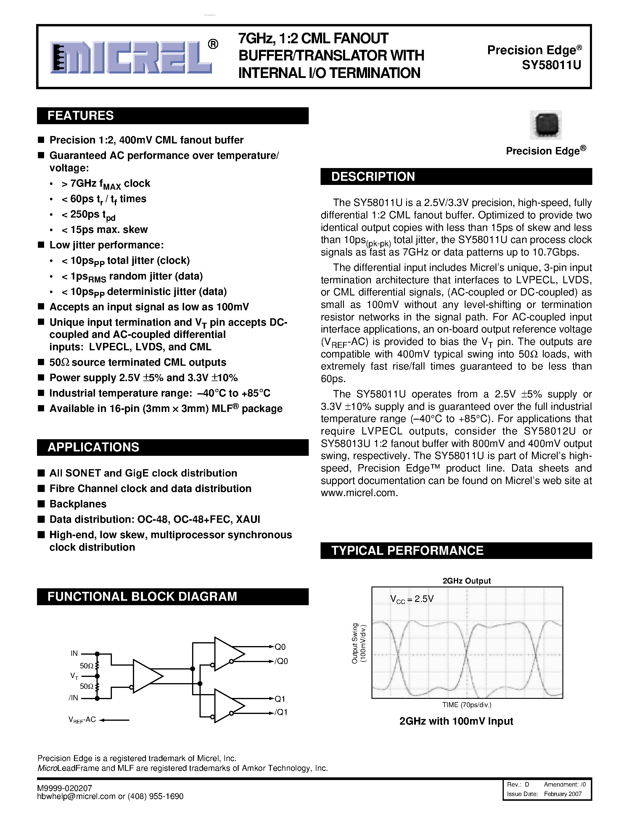 Даташит на микросхему SY58011U страница 1 Даташит SY58011U - 1:2 CML FANOUT BUFFER/TRANSLATOR страница 1
