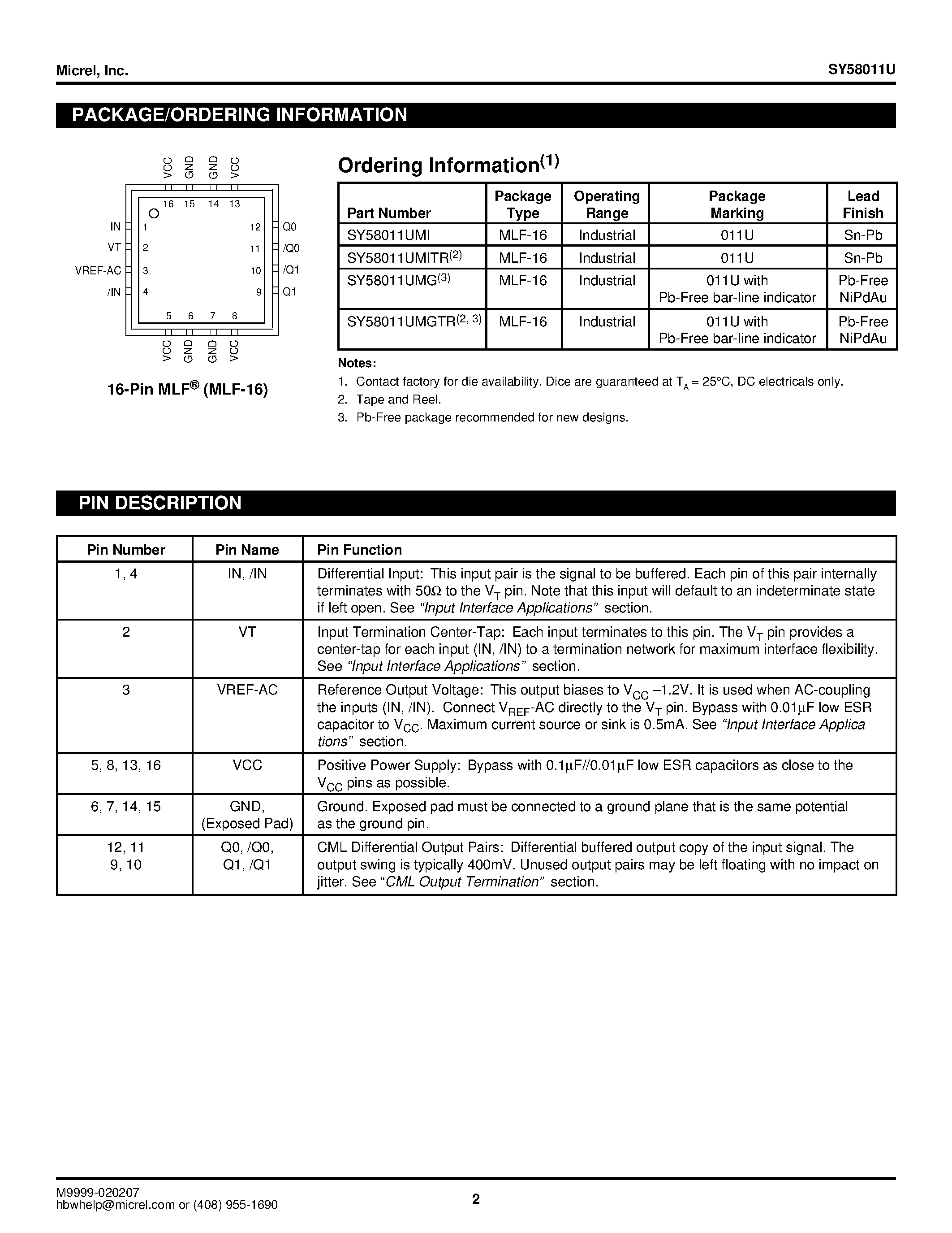 Даташит на микросхему SY58011U страница 2 Даташит SY58011U - 1:2 CML FANOUT BUFFER/TRANSLATOR страница 2