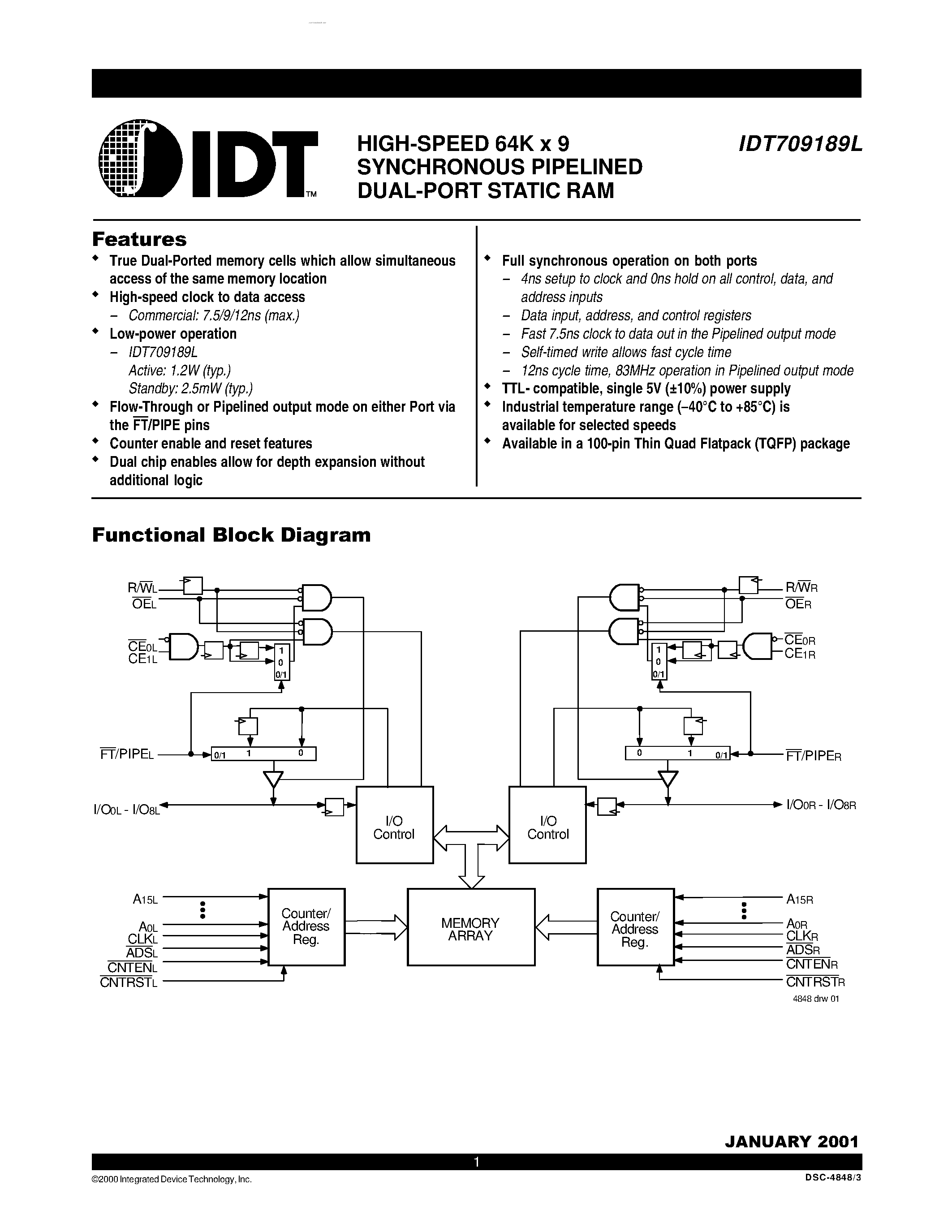 Datasheet IDT709189L - HIGH-SPEED 64K x 9 SYNCHRONOUS PIPELINED DUAL-PORT STATIC RAM page 1