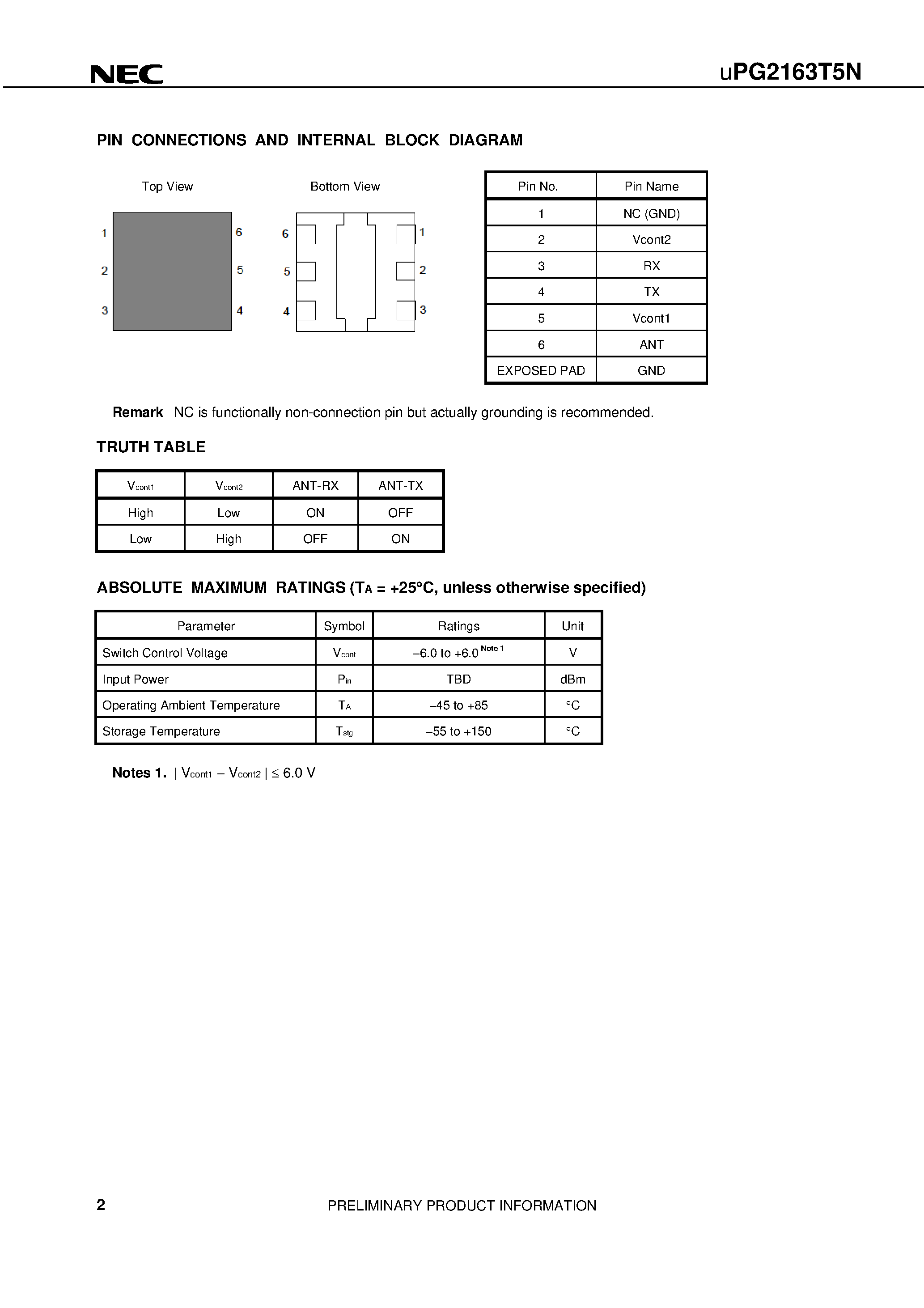 Datasheet UPG2162T5N - GaAs MMIC SPDT SWITCH page 2