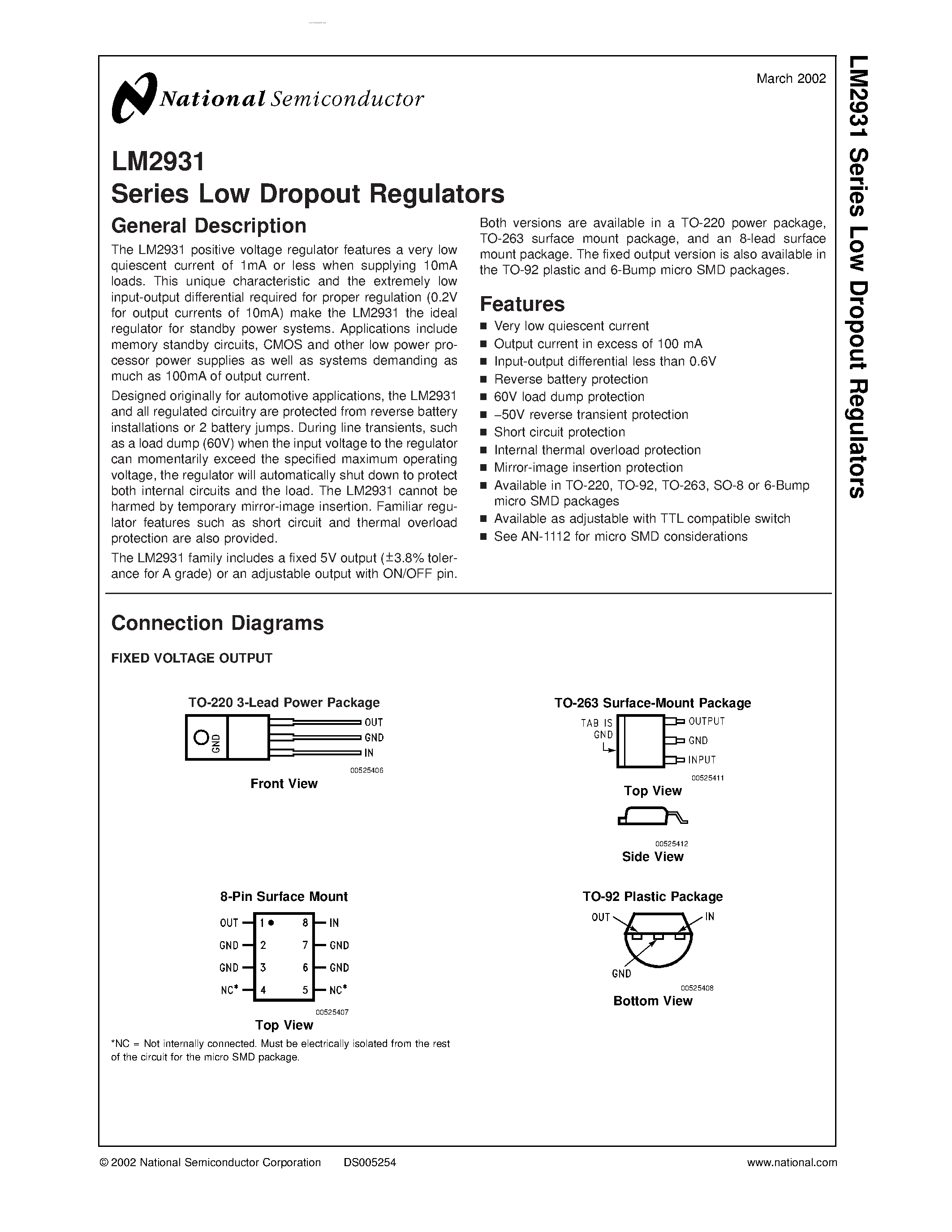 Datasheet LM2931 page 1 Datasheet LM2931 - Series Low Dropout Regulators page 1
