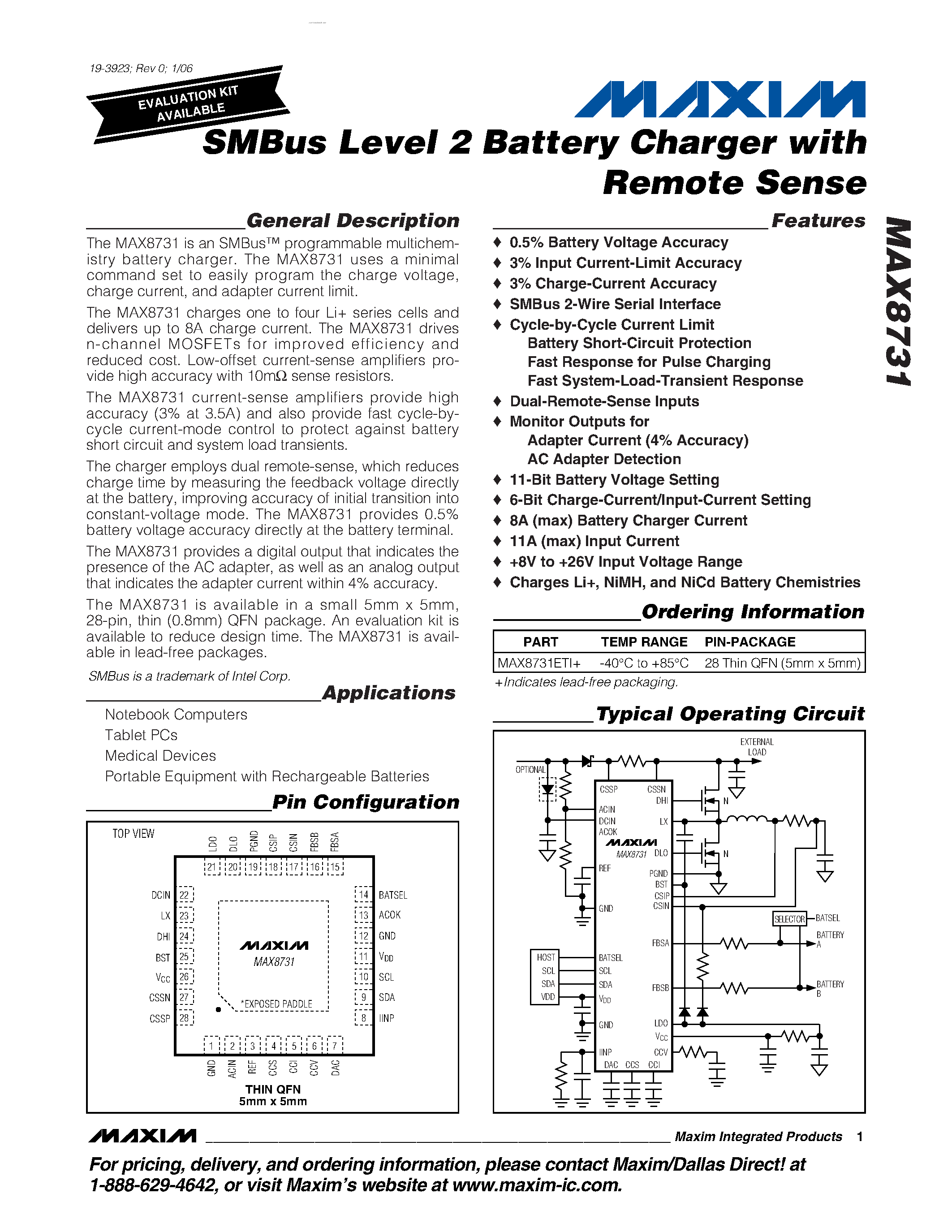 Даташит MAX8731 - SMBus Level 2 Battery Charger страница 1