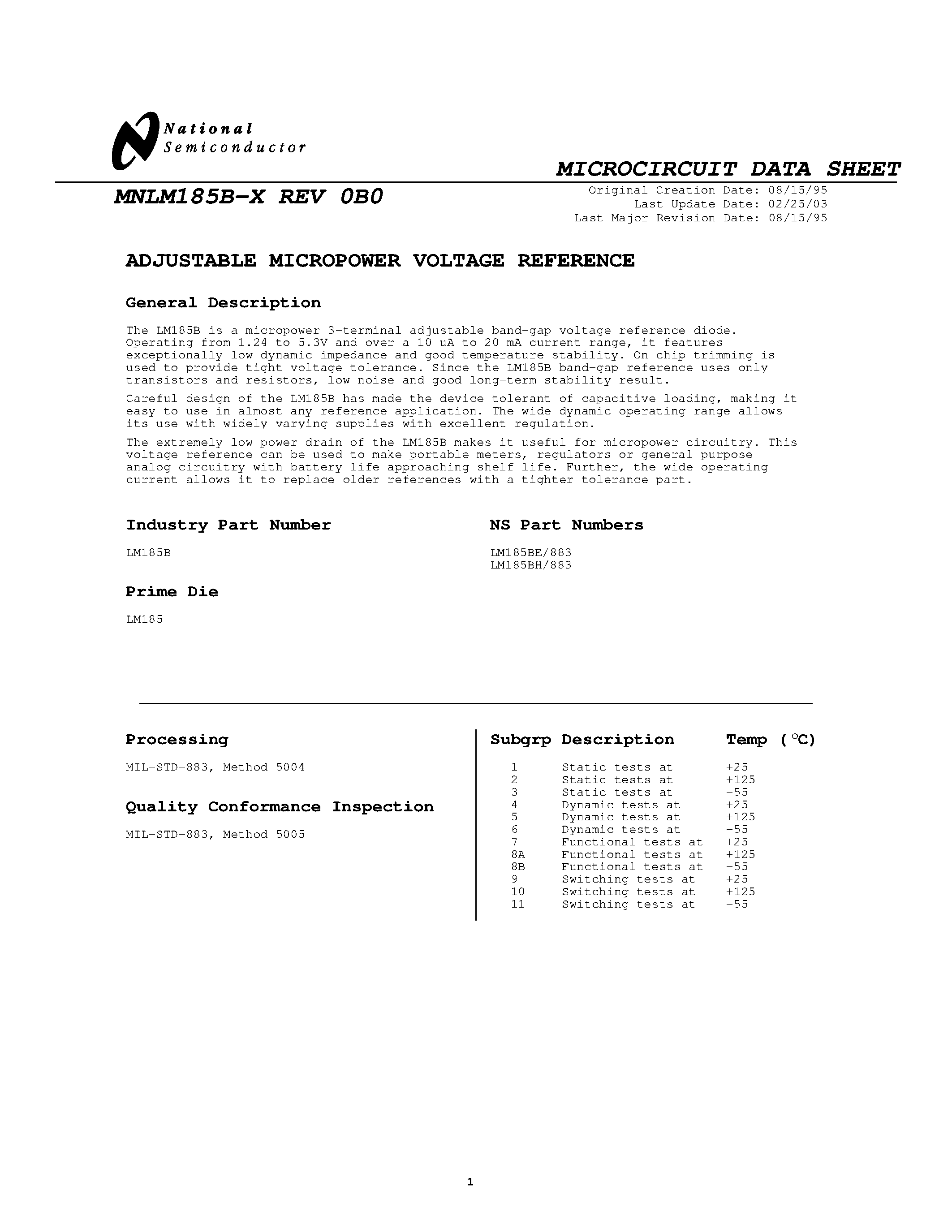 Datasheet MNLM185B-X page 1 Datasheet MNLM185B-X - MICROCIRCUIT DATA SHEET page 1