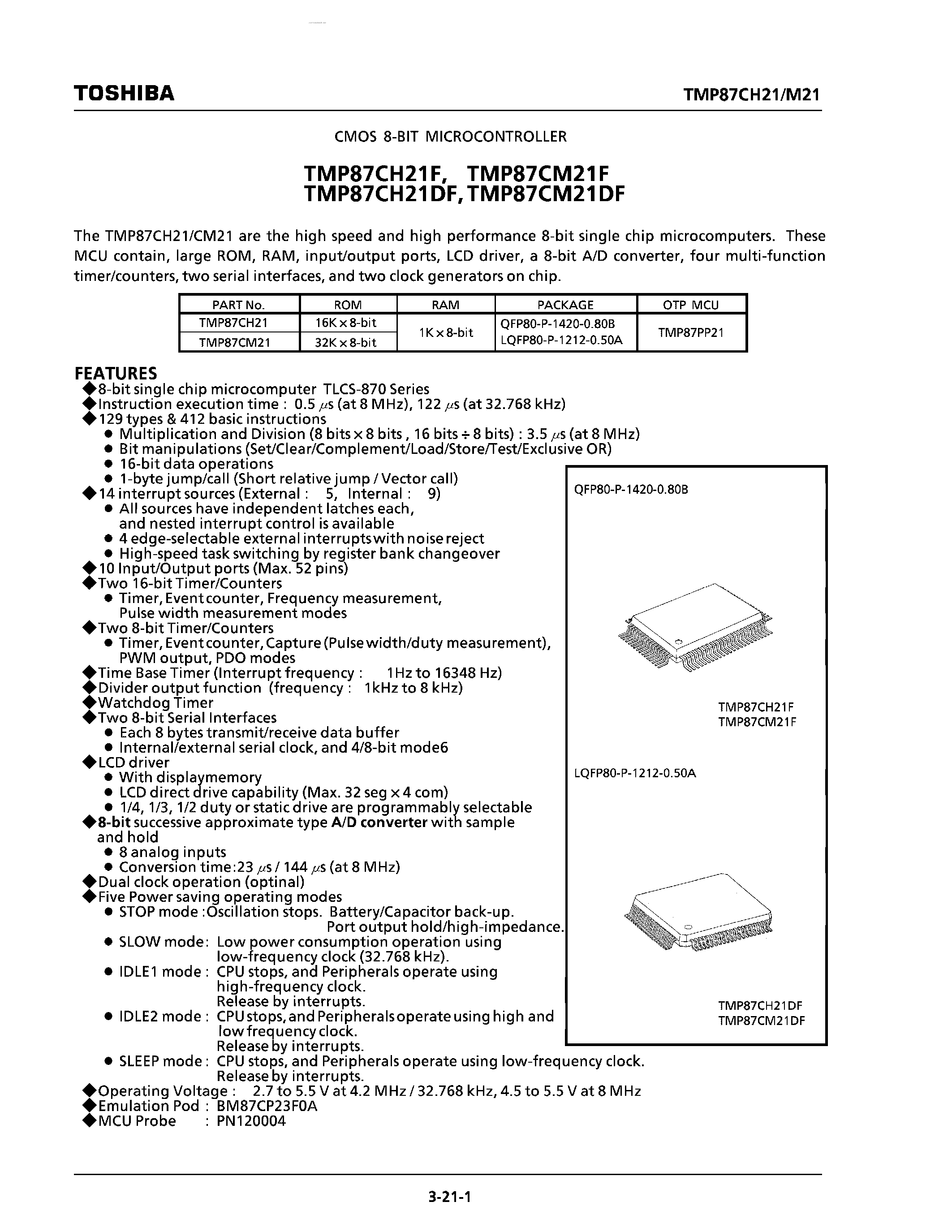 Datasheet TMP87CH21DF - CMOS 8-BIT MICROCONTROLLER page 1