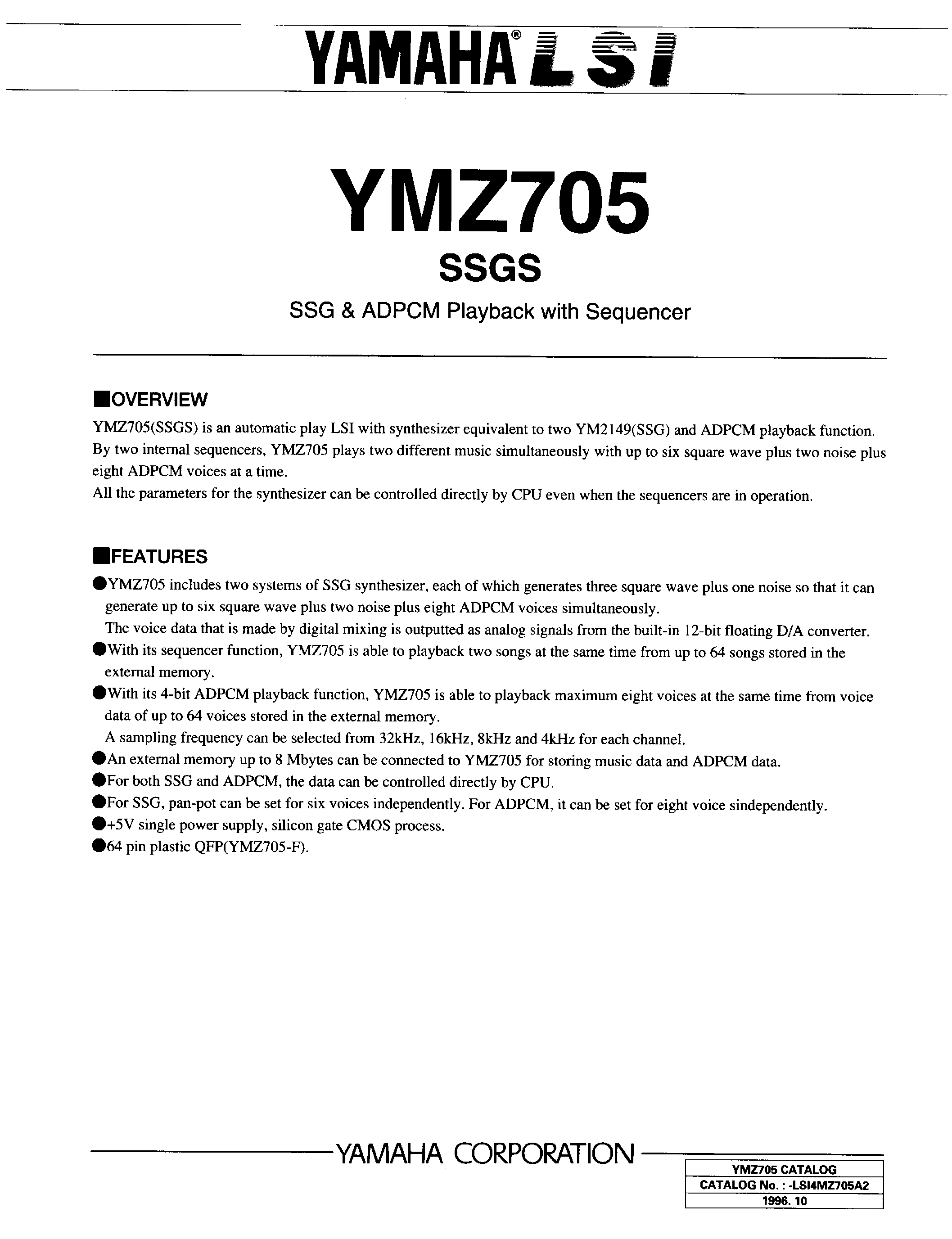 Даташит YMZ705 - SSG ADPCM PLAYBACK страница 1