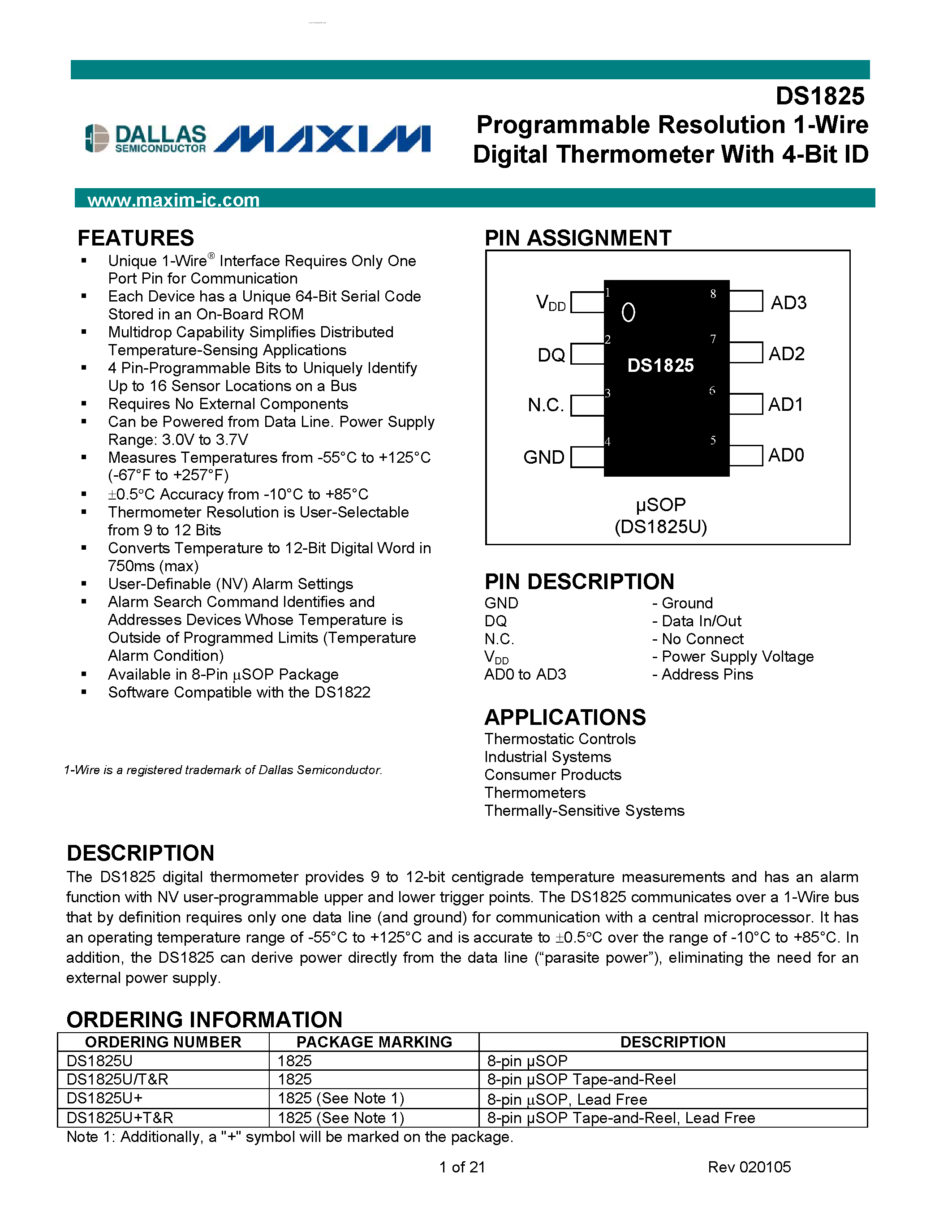 Datasheet DS1825 - Programmable Resolution 1-Wire Digital Thermometer page 1