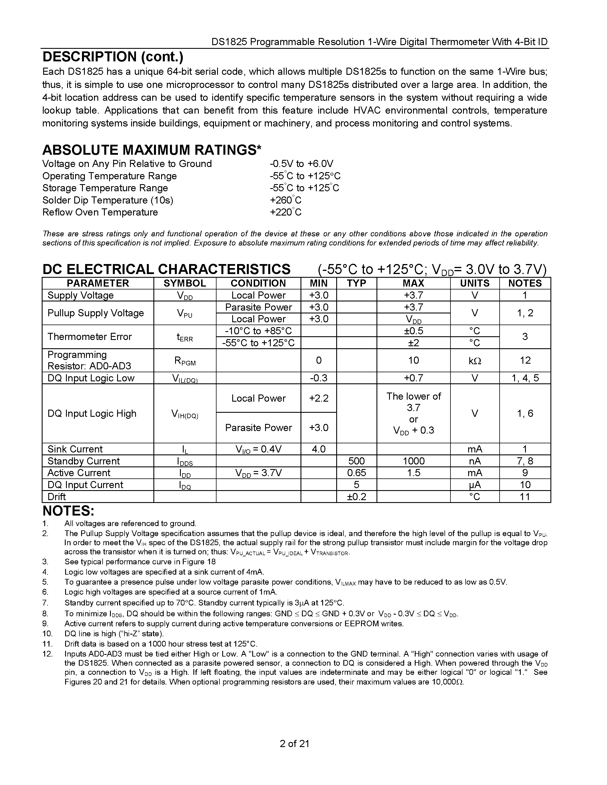Datasheet DS1825 - Programmable Resolution 1-Wire Digital Thermometer page 2