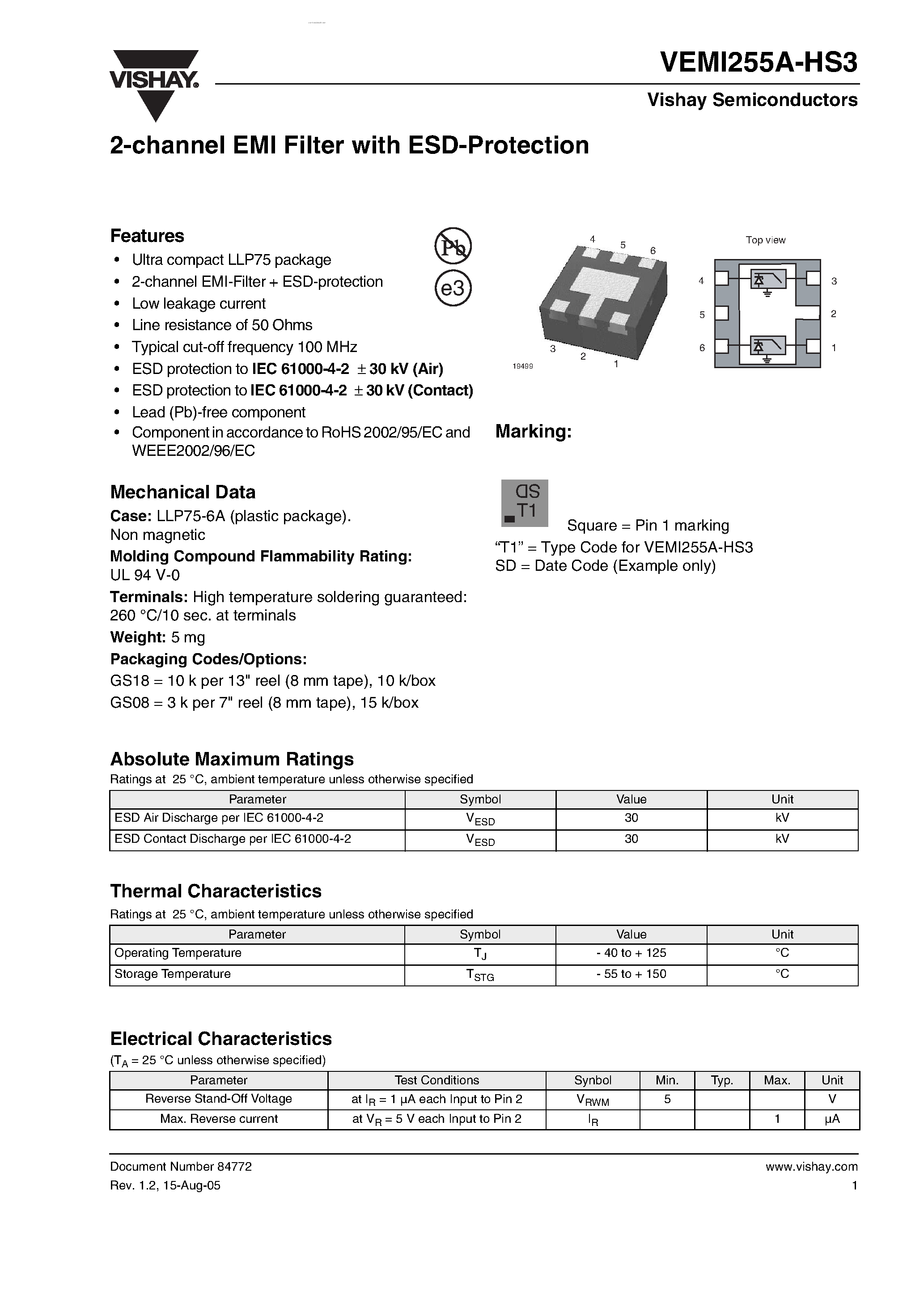 Datasheet VEMI255A-HS3 - 2-channel EMI Filter page 1