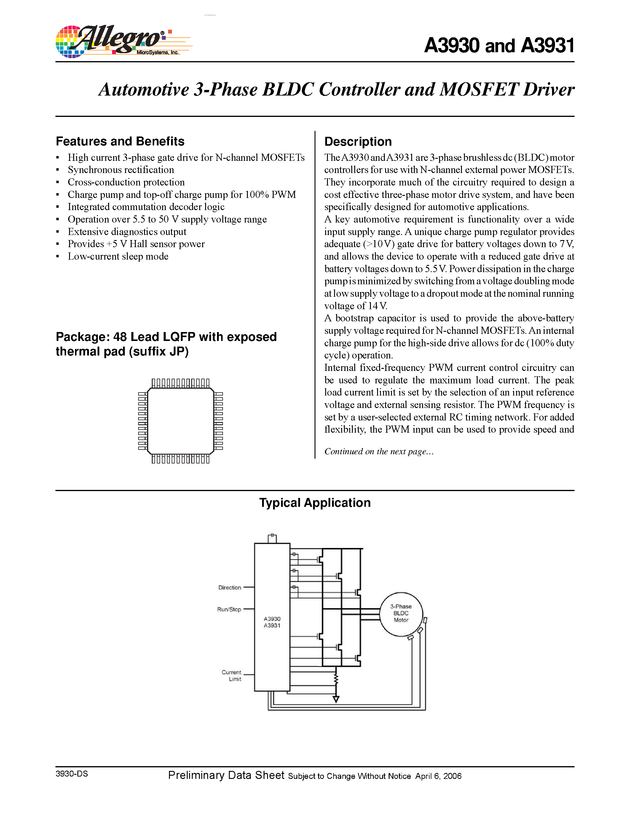 Datasheet A3930 - (A3930 / A3931) Automotive 3-Phase BLDC Controller and MOSFET Driver page 1