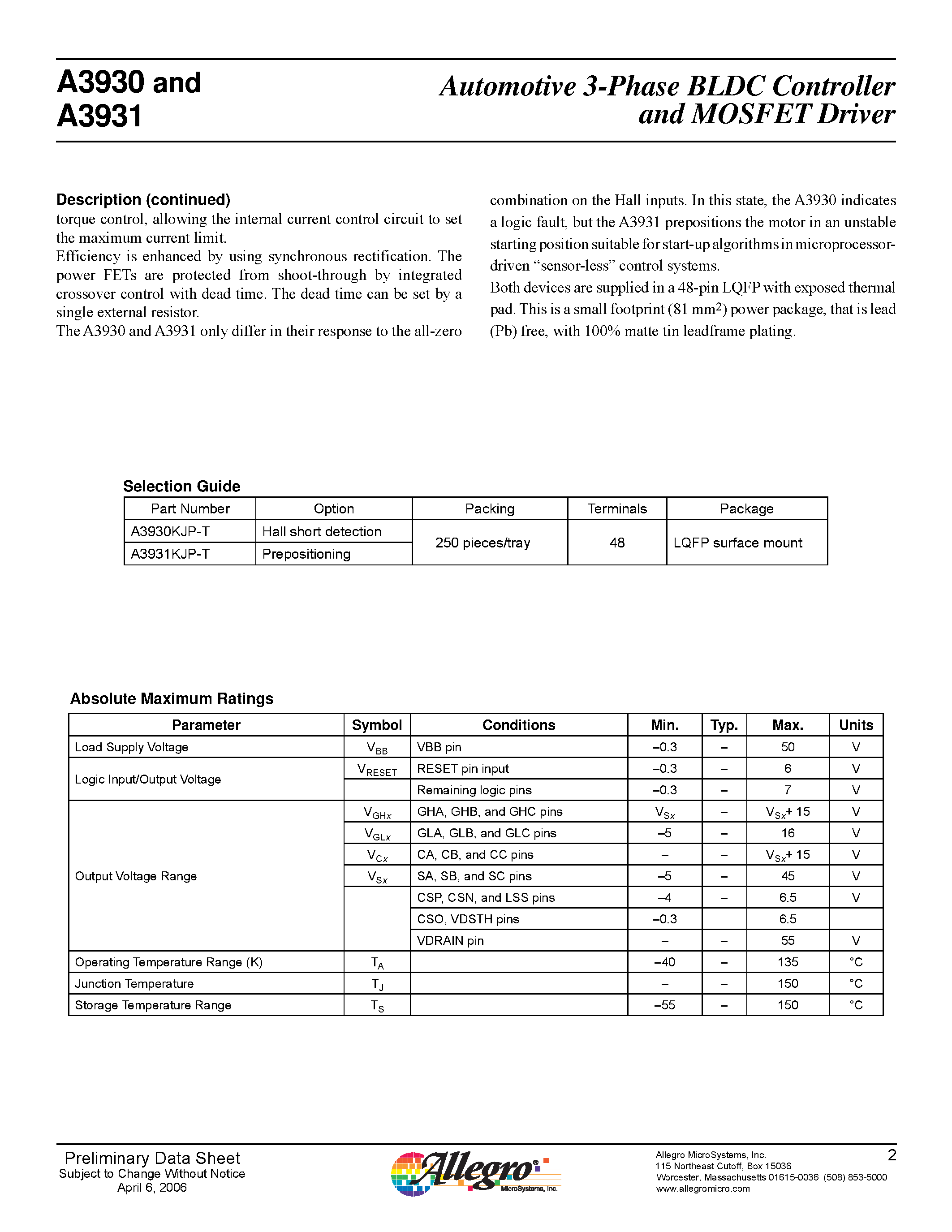 Datasheet A3930 - (A3930 / A3931) Automotive 3-Phase BLDC Controller and MOSFET Driver page 2