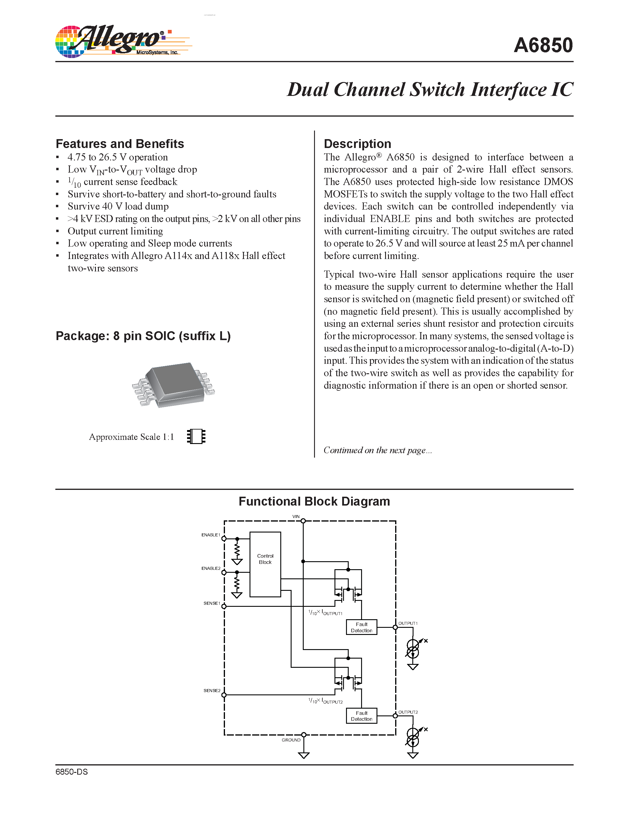 Даташит A6850 - Dual Channel Switch Interface IC страница 1