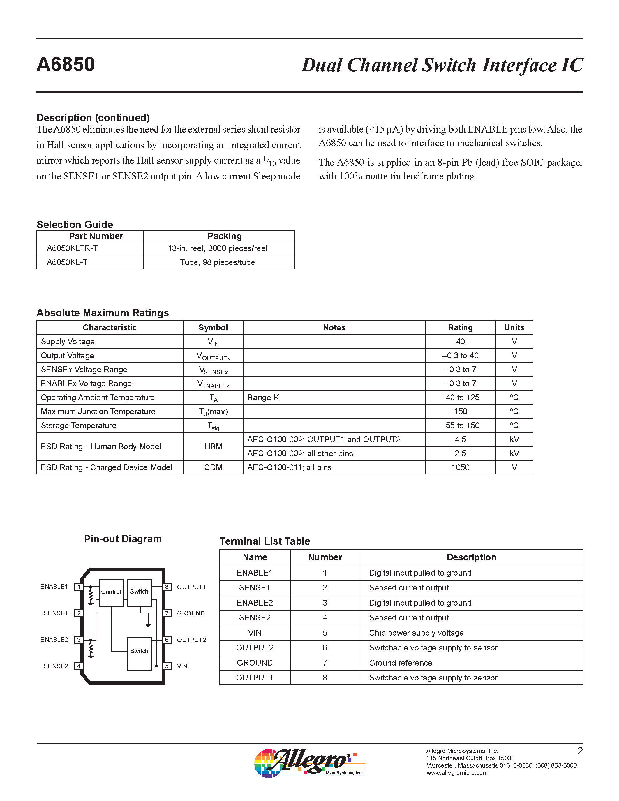 Даташит A6850 - Dual Channel Switch Interface IC страница 2