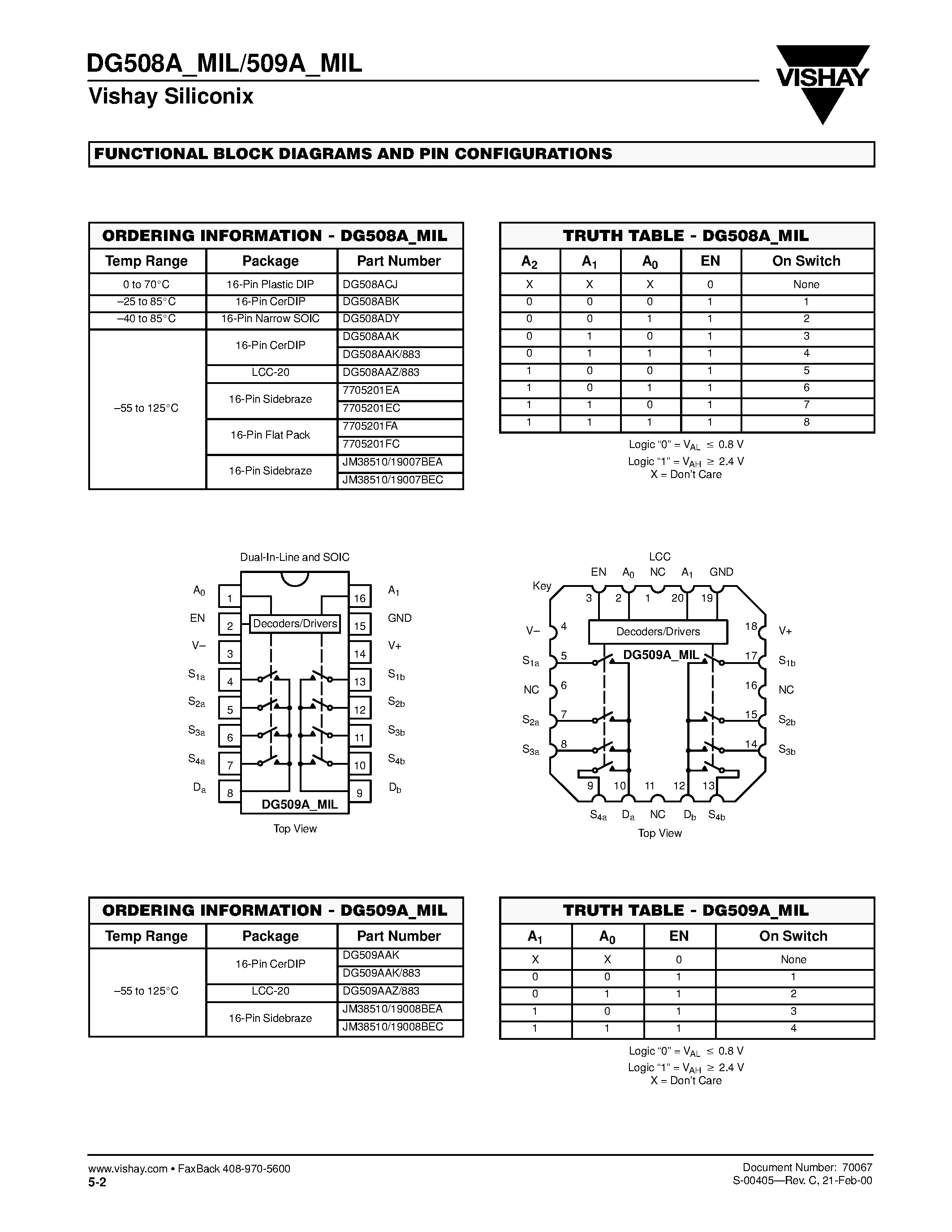 Datasheet DG508A - (DG508A / DG509A) Single 8-Ch/Differential 4-Ch CMOS Analog Multiplexers page 2