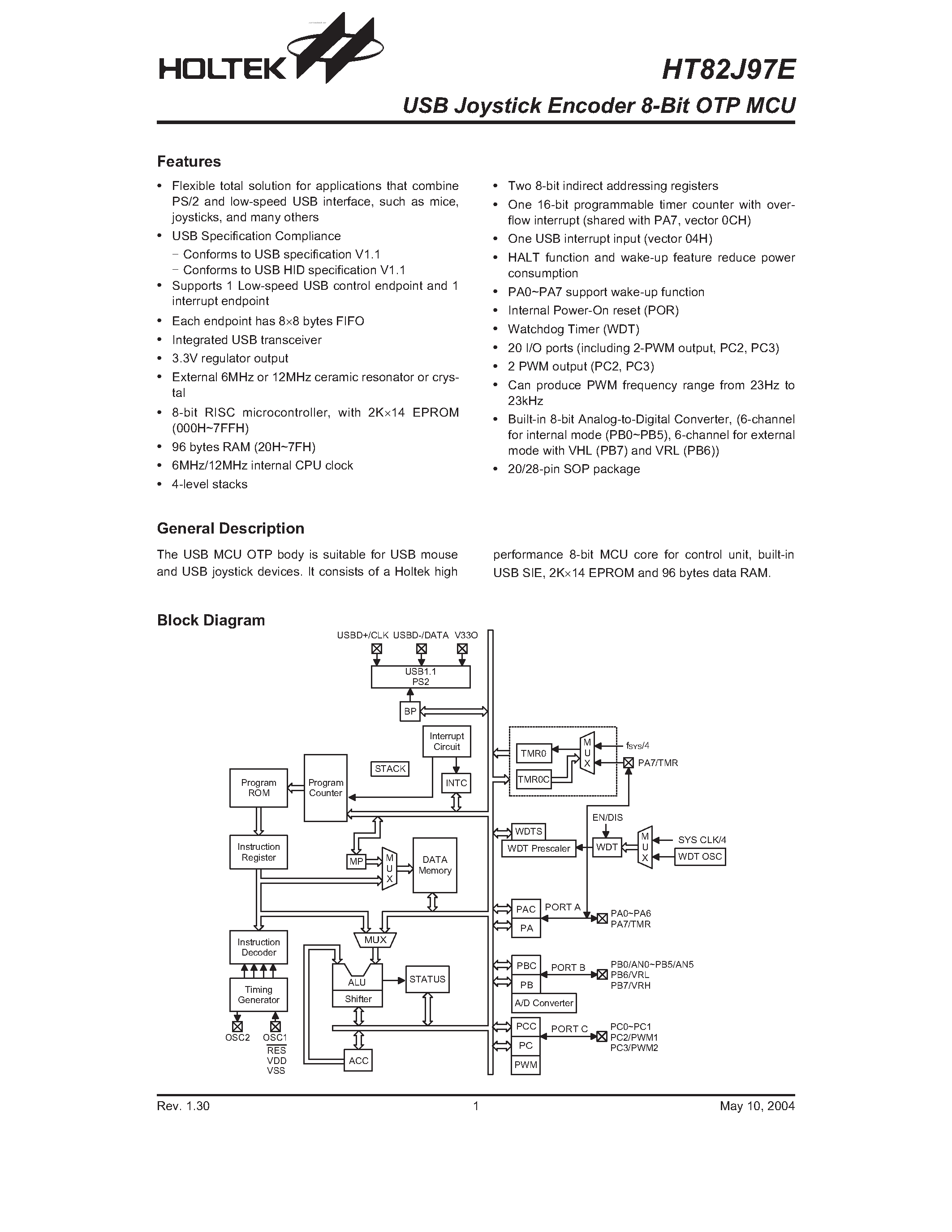 Datasheet HT82J97E - USB Joystick Encoder 8-Bit OTP MCU page 1