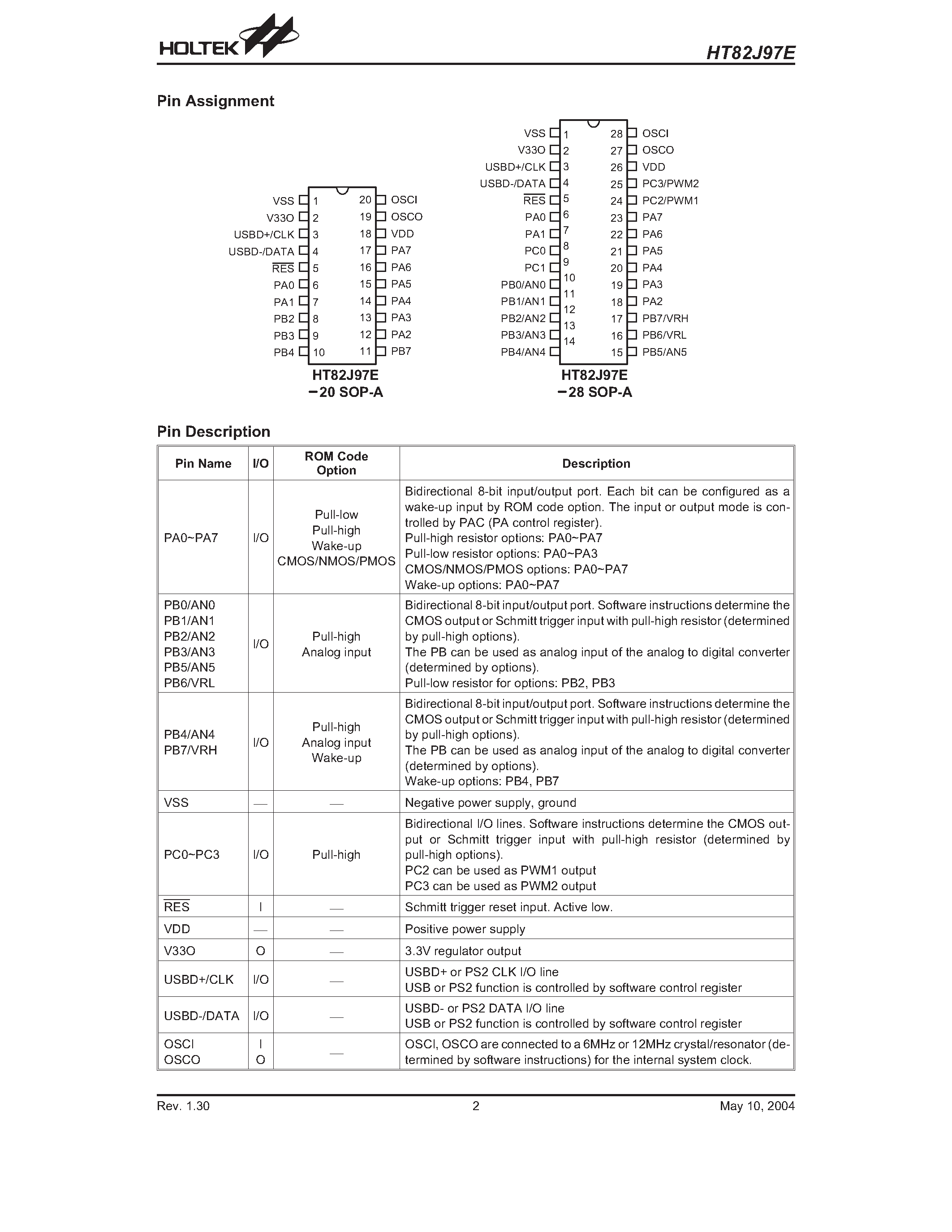 Datasheet HT82J97E - USB Joystick Encoder 8-Bit OTP MCU page 2