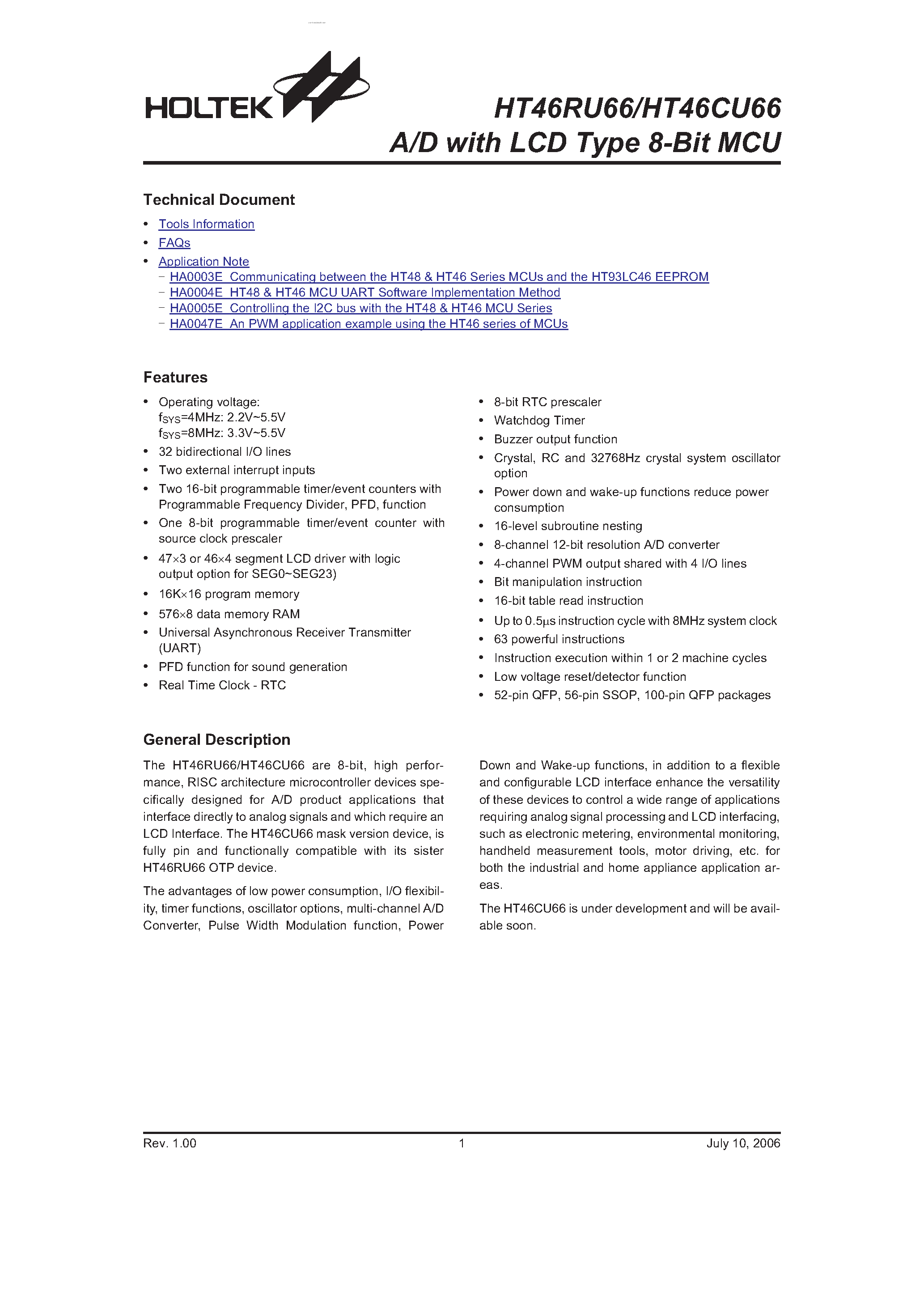 Даташит HT46CU66 - A/D страница 1
