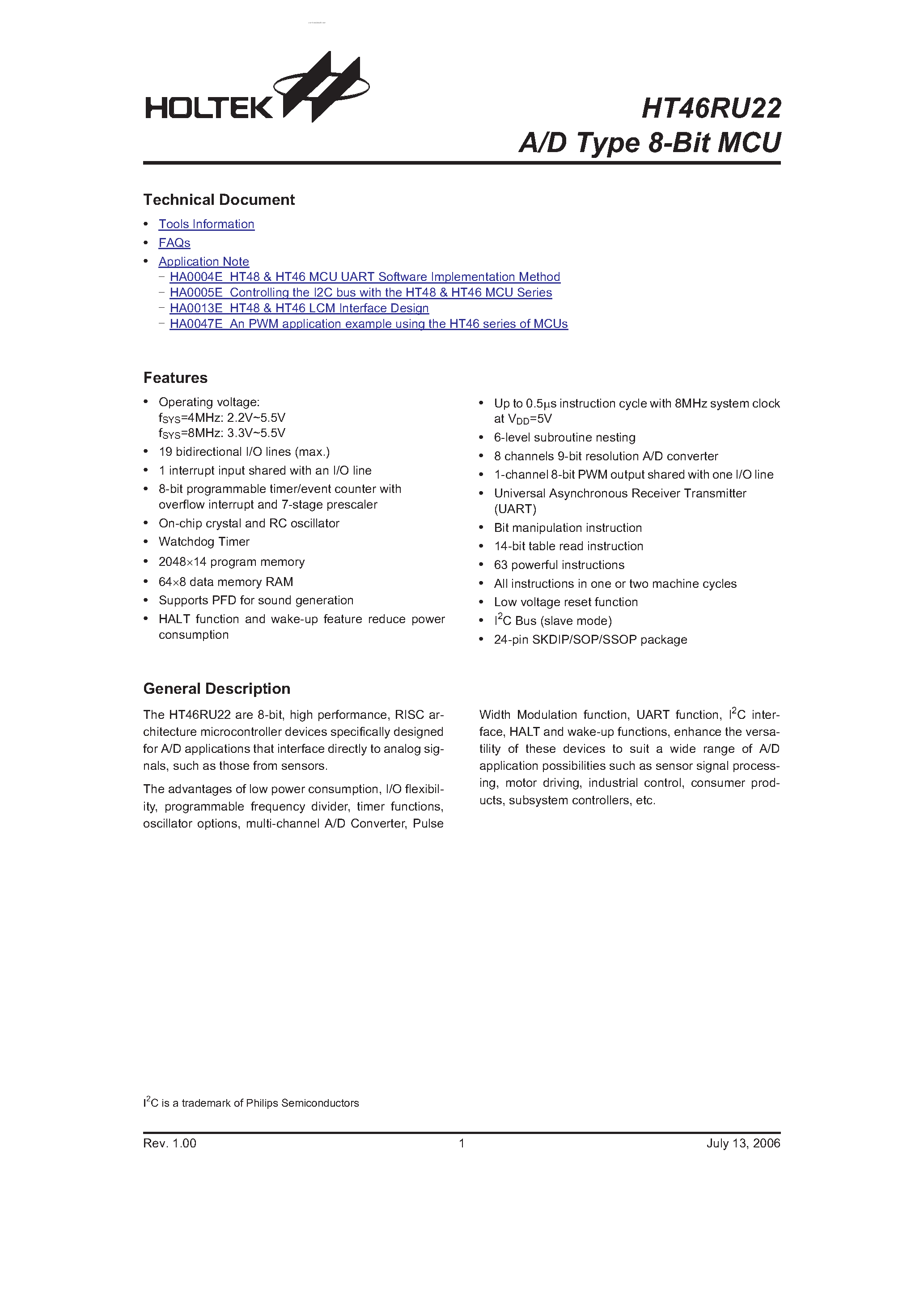 Даташит HT46RU22 - A/D Type 8-Bit MCU страница 1