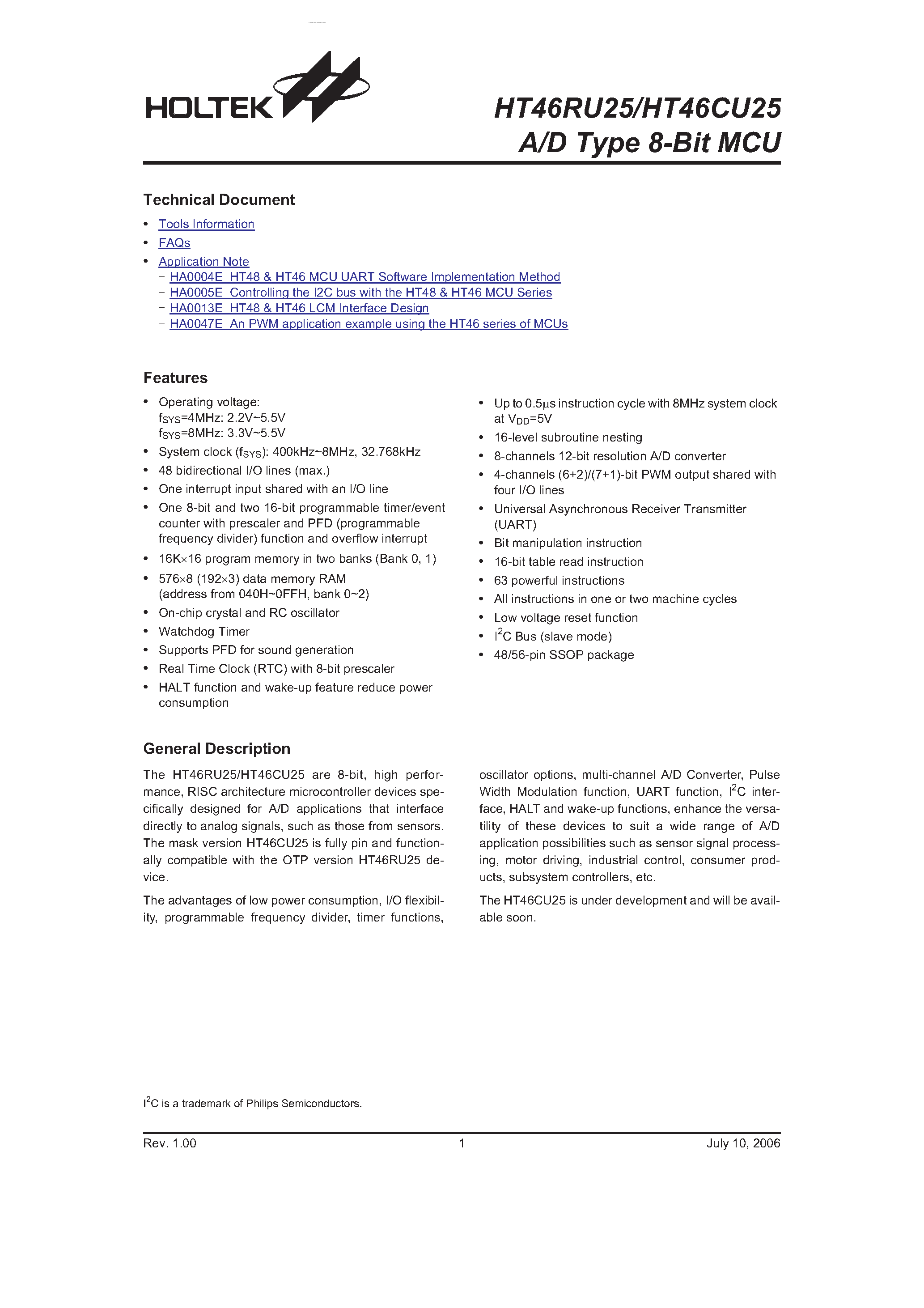 Даташит HT46CU25 - A/D Type 8-Bit MCU страница 1